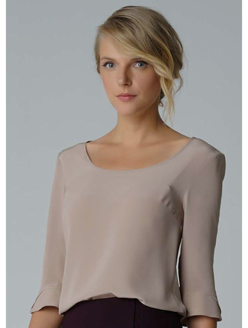 Circle Neck Silk Blouse in Beige Colour