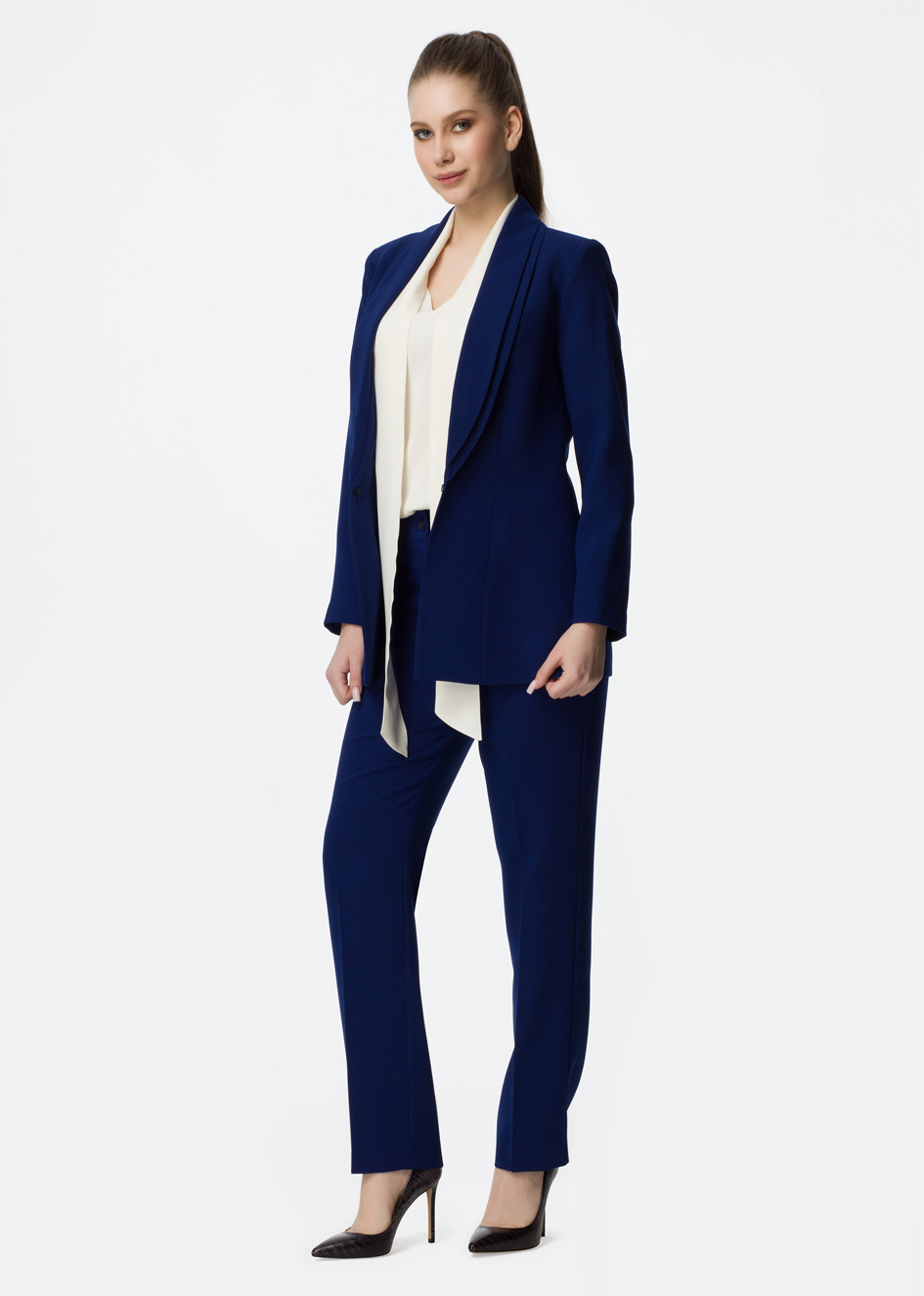 Double Shawl Collar Crepe Blazer in Dark Blue Colour 