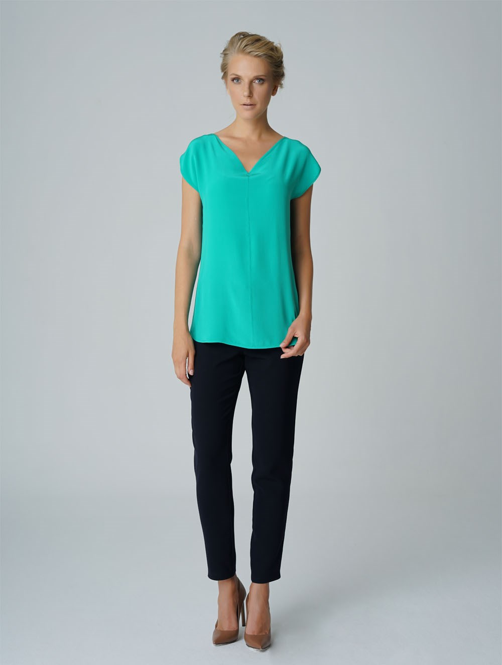 Drop Shoulder Silk Blouse in Green Turquoise Colour