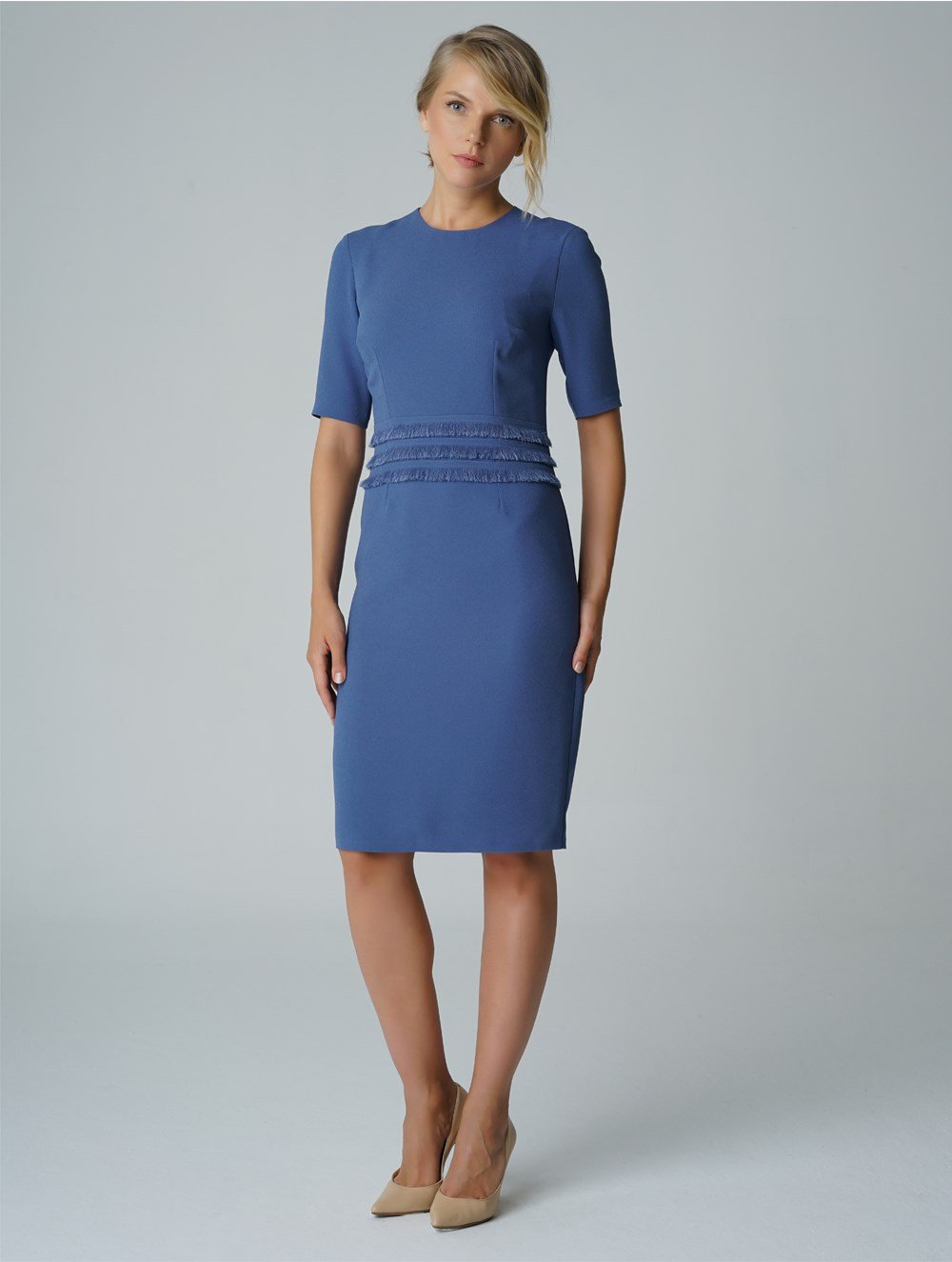 Fringe Layer Crepe Dress in Blue Colour