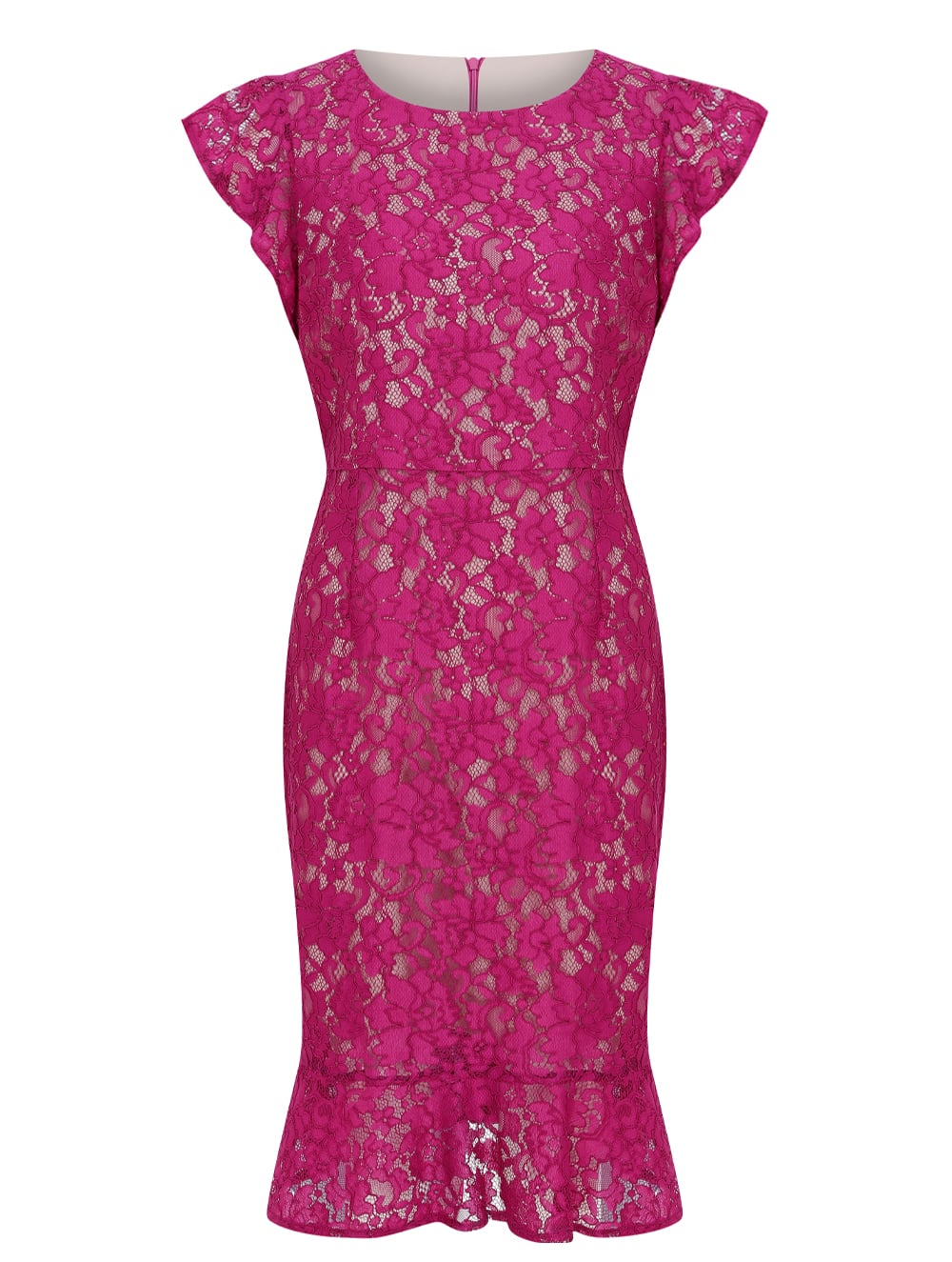 Ruffled Lace Dress in Fuchsia Colour 