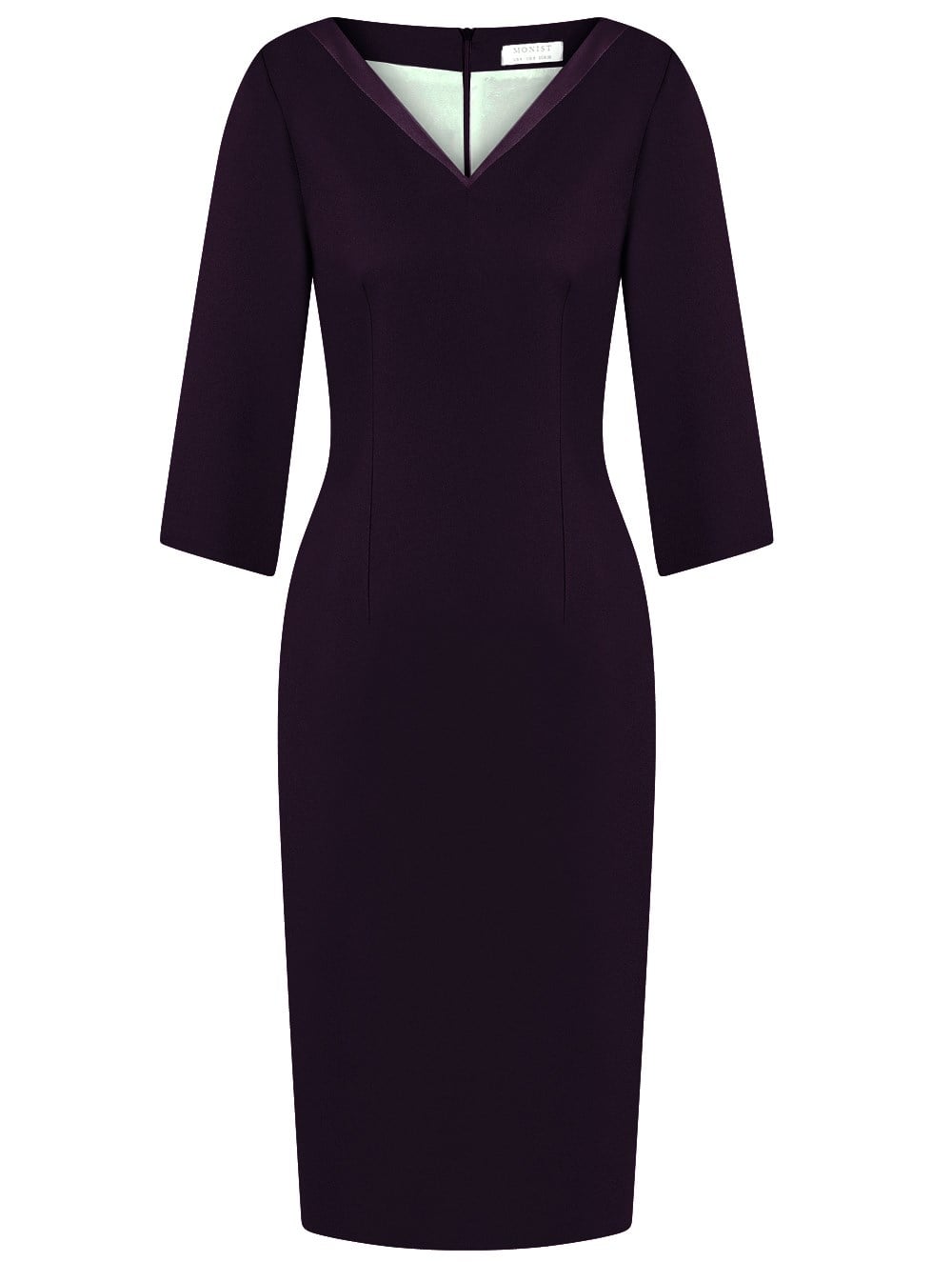 Satin V-Neck Collar Crepe Dress in Plum Colour