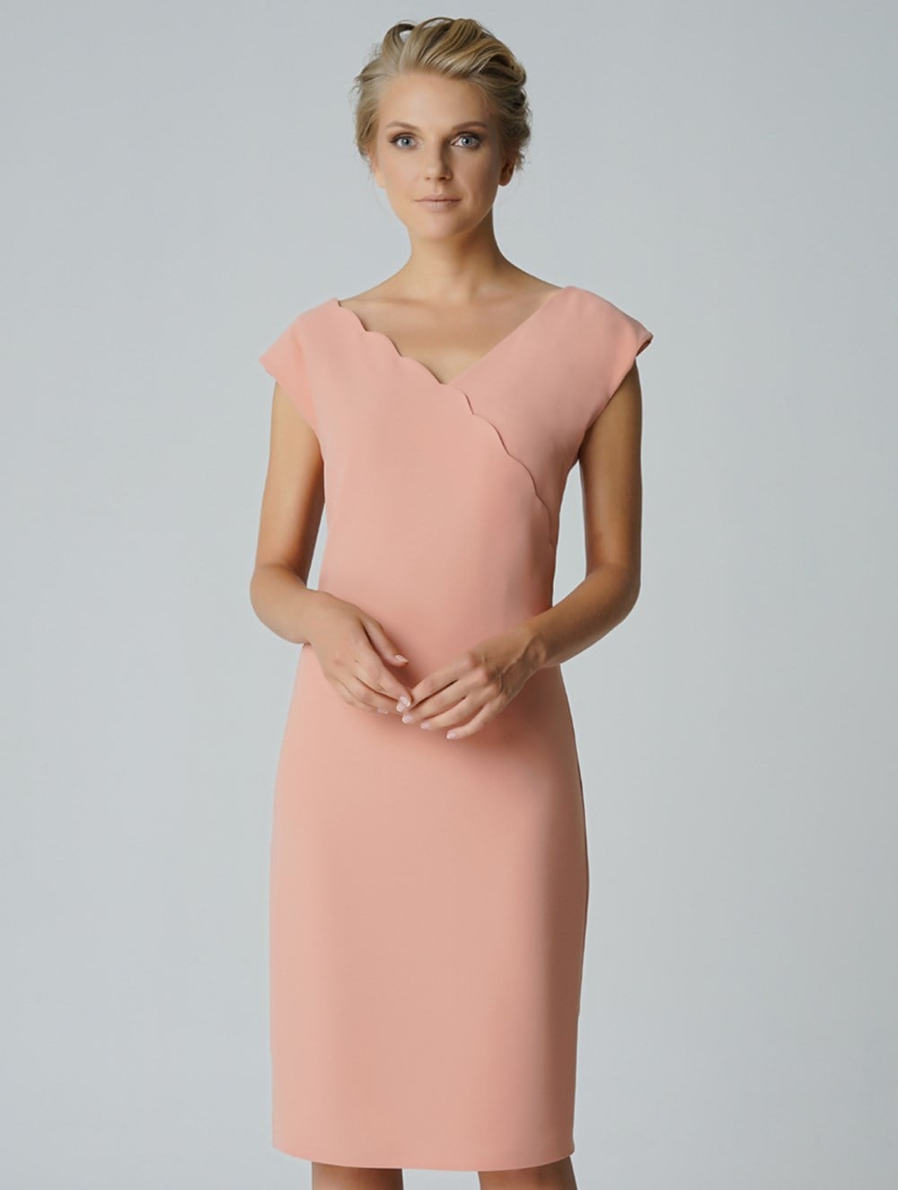 Sliced Neck Crepe Dress in Salmon Colour