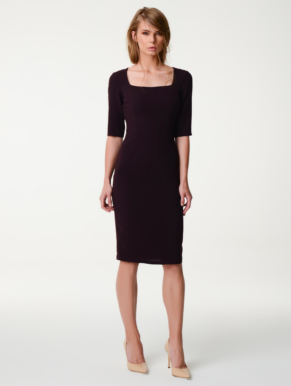 Square Neck Crepe Dress in Plum Colour