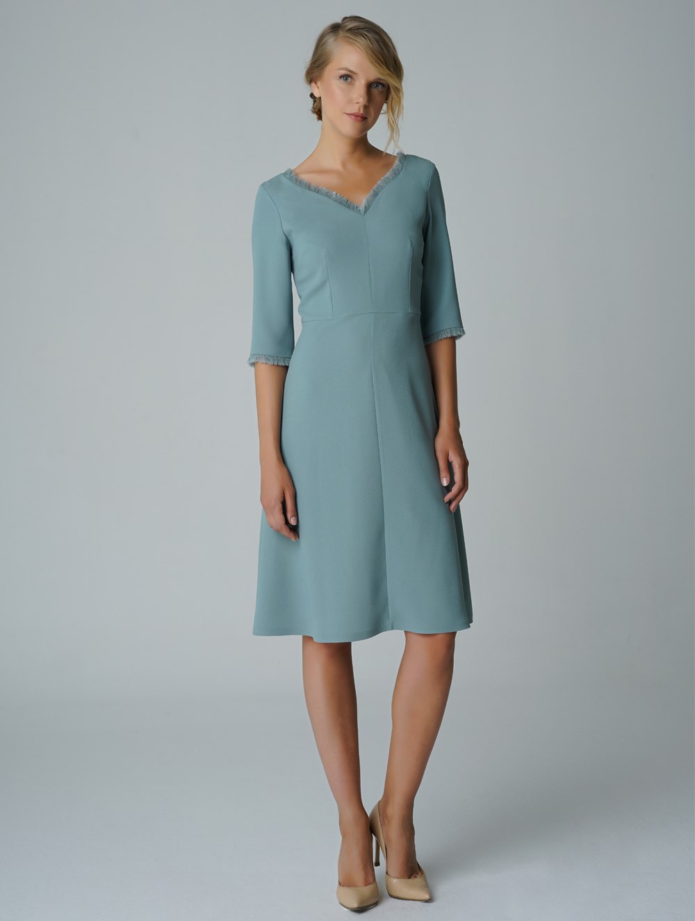 V-Neck Fringe Crepe Dress in Green Colour