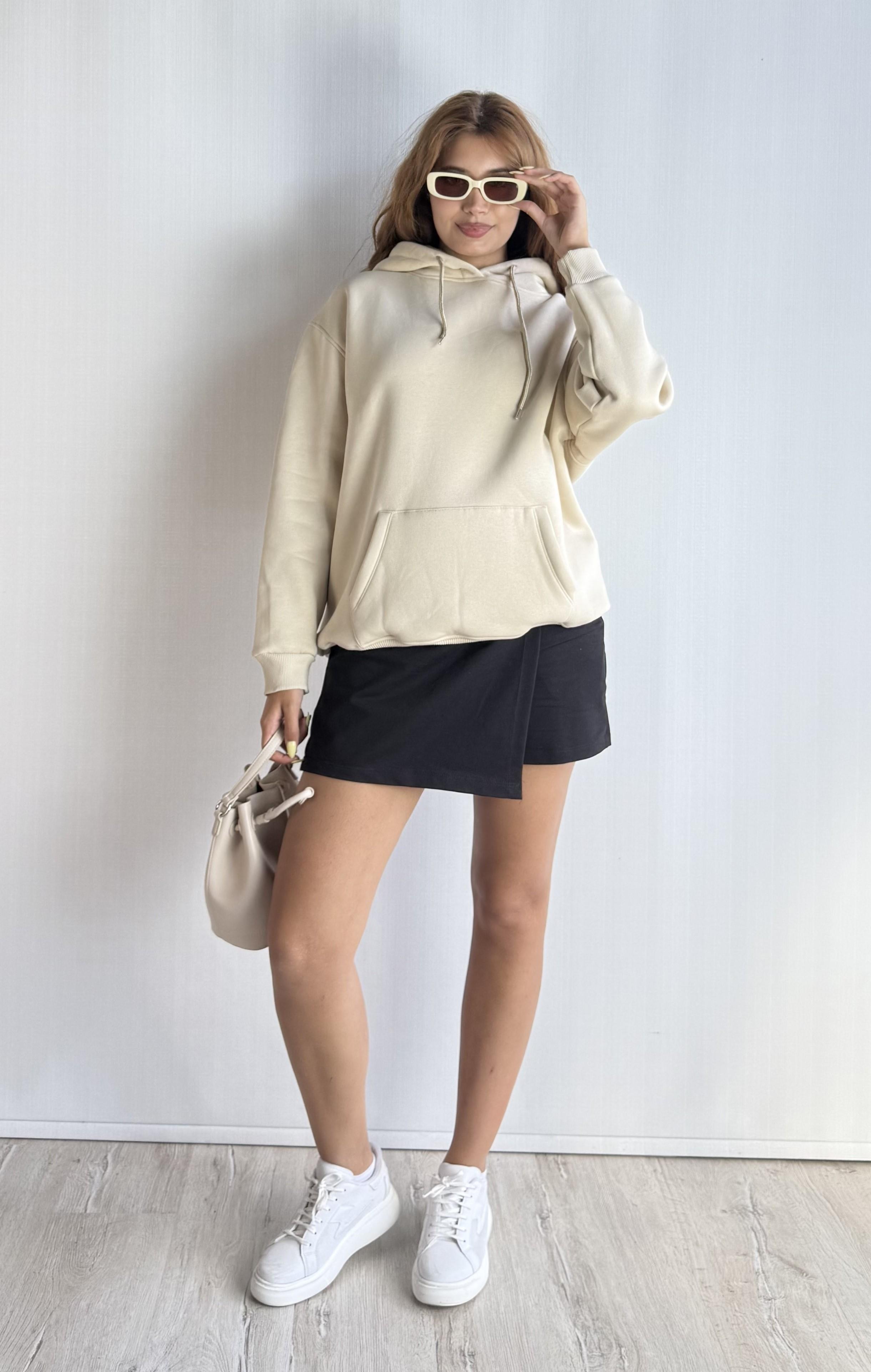  Kadın Kapüşonlu Kanguru Cepli Oversize Sweatshirt - Taş 