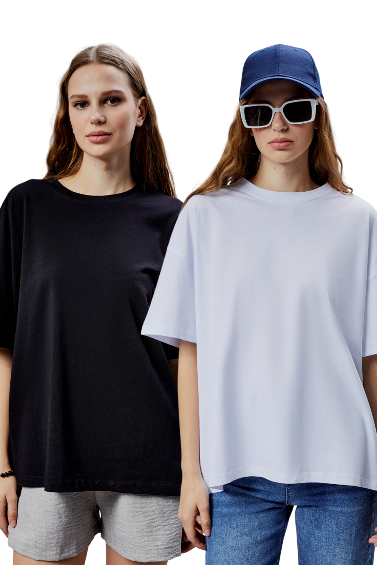 2'li Paket Kısa Kollu Oversize Tişört ( Siyah - Beyaz )-T-SHİRT-Tf The Fancy For You-1111-Kadın Oversize Kalıp Bisiklet Yaka %100 Pamuk Basic Tişört 
