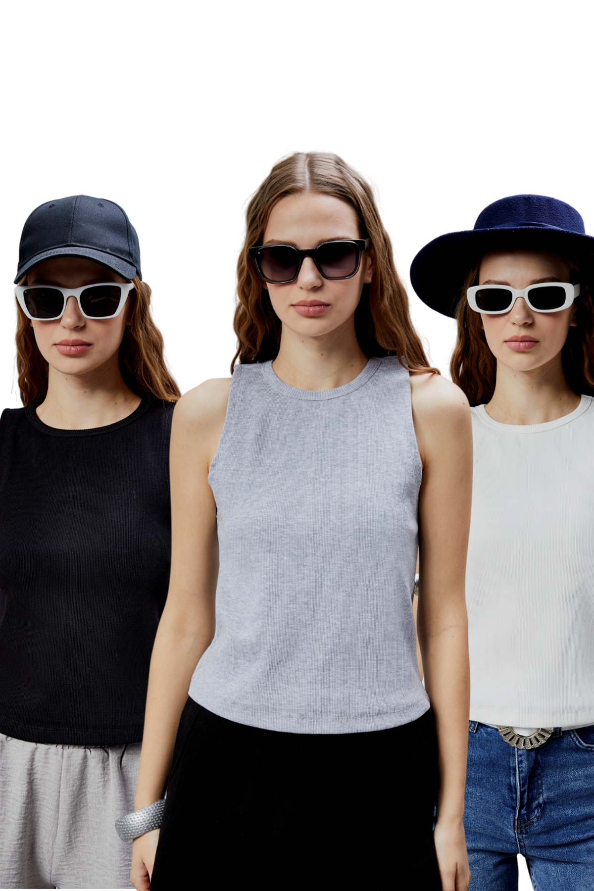 3lü Paket Halter Yaka Kolsuz Basic Crop Bluz ( Siyah - Ekru - Gri )