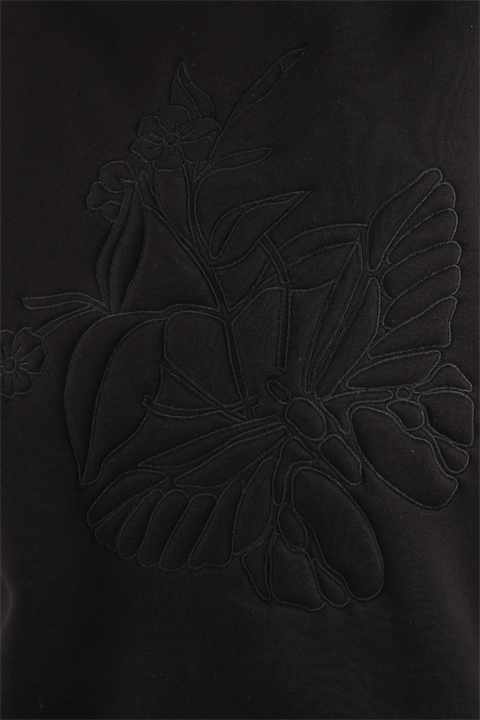 Kadın Bisiklet Yaka Nakış Baskı Detaylı Uzun Kollu Oversize Sweatshirt - Siyah 
