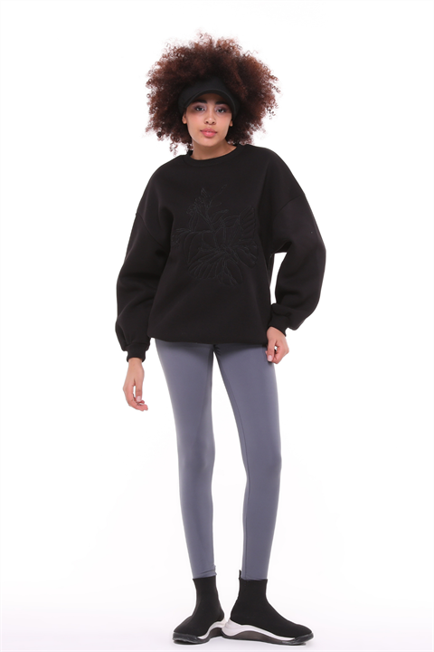 Kadın Bisiklet Yaka Nakış Baskı Detaylı Uzun Kollu Oversize Sweatshirt - Siyah 
