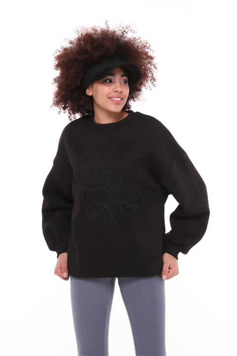 Kadın Bisiklet Yaka Nakış Baskı Detaylı Uzun Kollu Oversize Sweatshirt - Siyah 