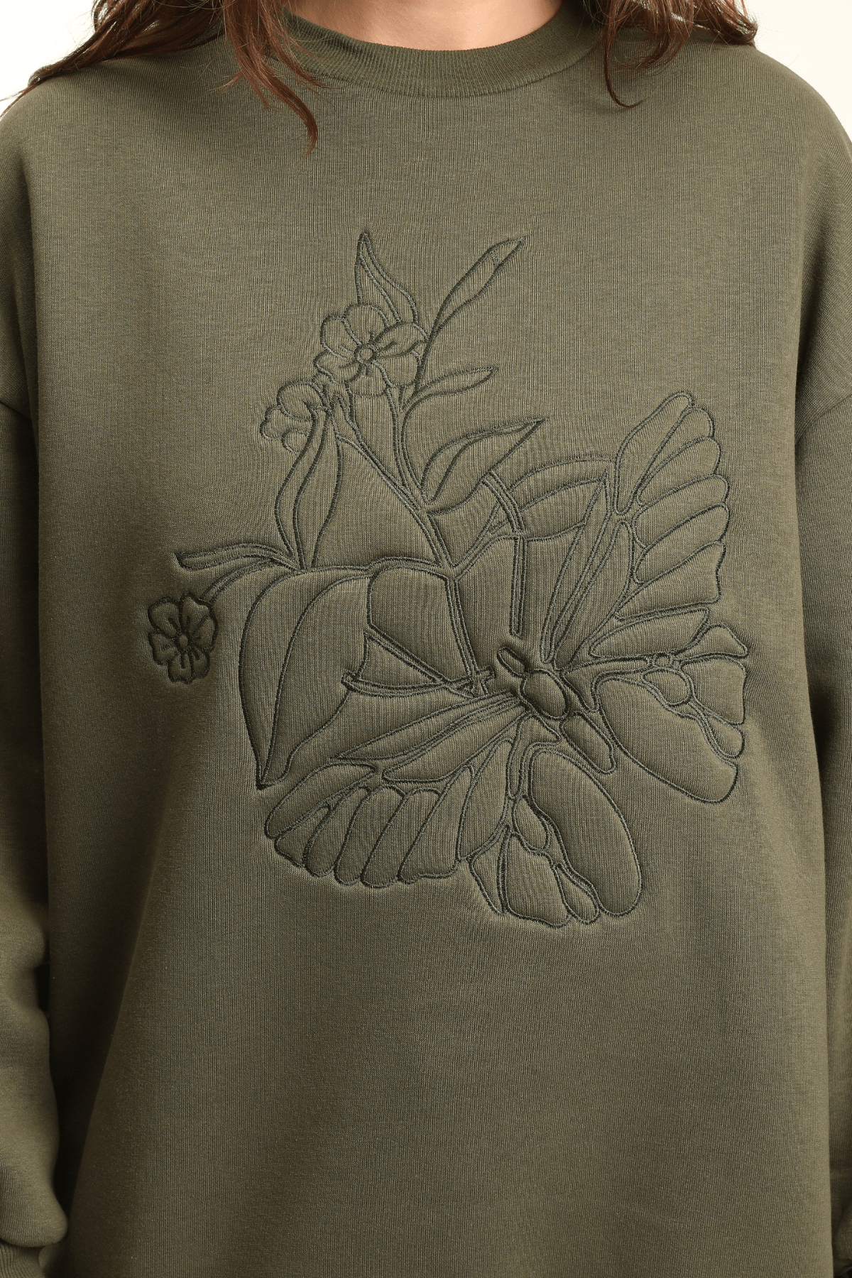 Kadın Bisiklet Yaka Nakış Baskı Detaylı Uzun Kollu Oversize Sweatshirt 