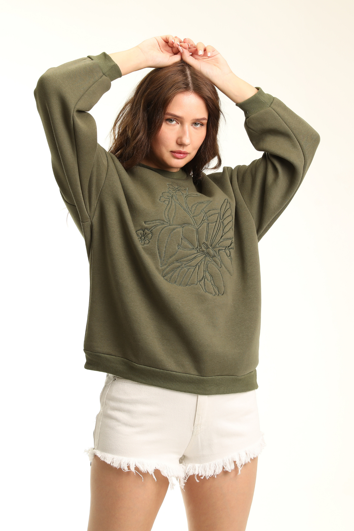 Kadın Bisiklet Yaka Nakış Baskı Detaylı Uzun Kollu Oversize Sweatshirt 