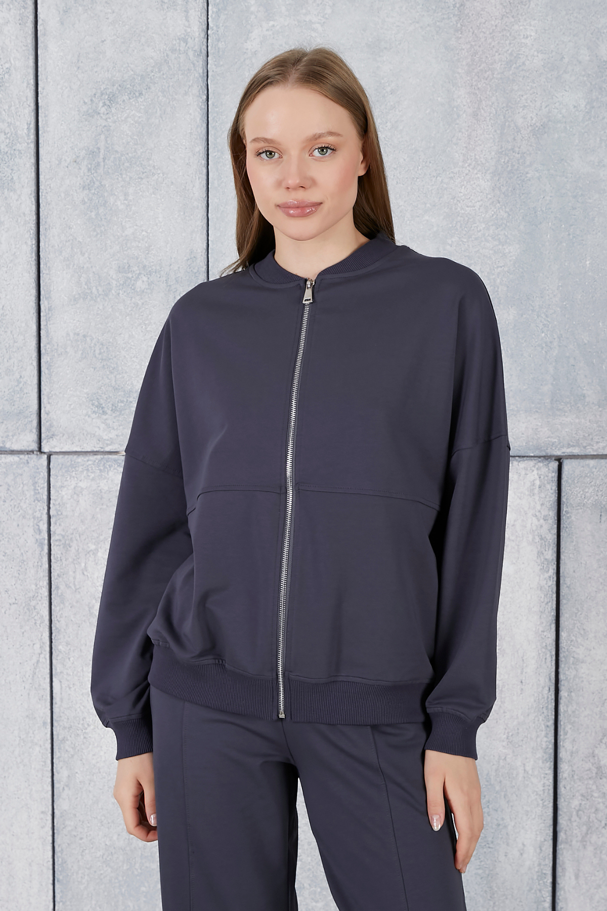 Kadın Kapüşonlu Fermuar Detaylı Hırka Sweatshirt Bel Lastikli Eşofman Takımı 