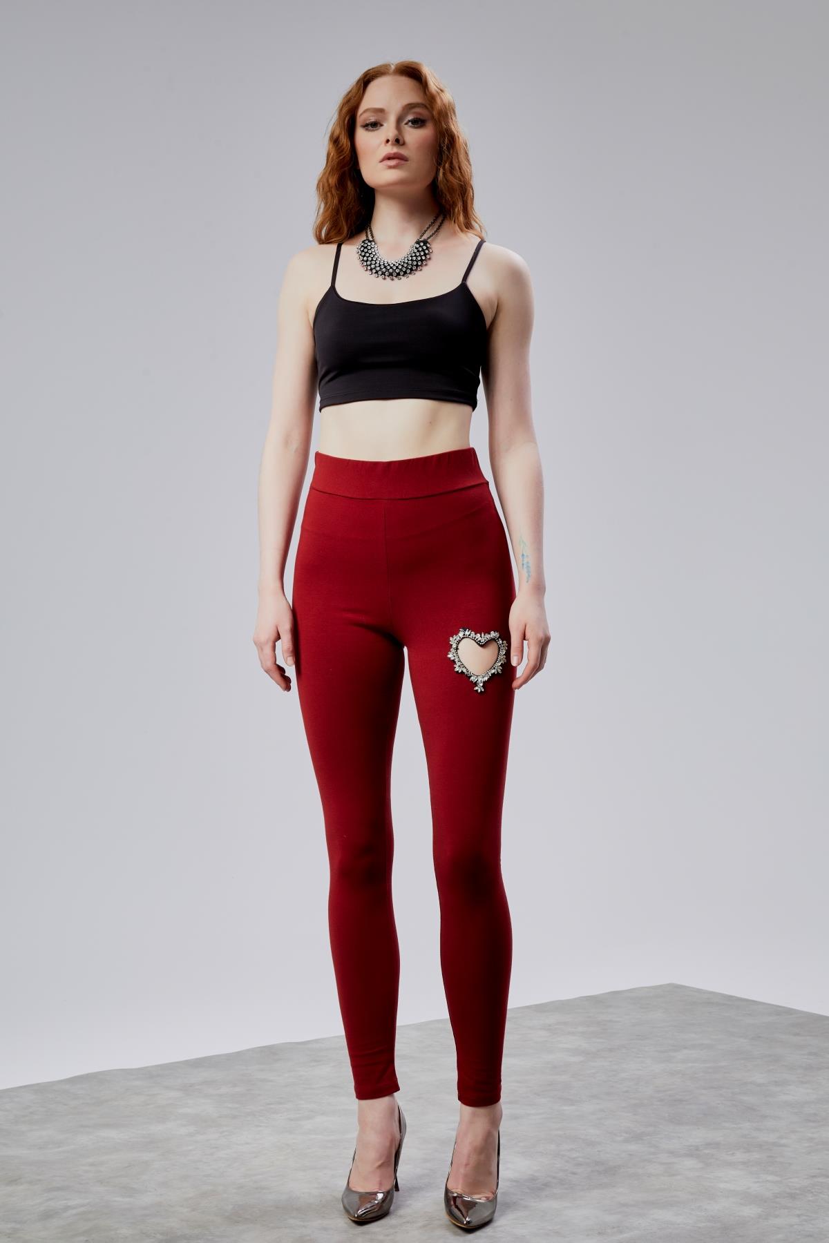  Kadın Kalp Detaylı Yüksek Bel Slim Fit Bordo Tayt 