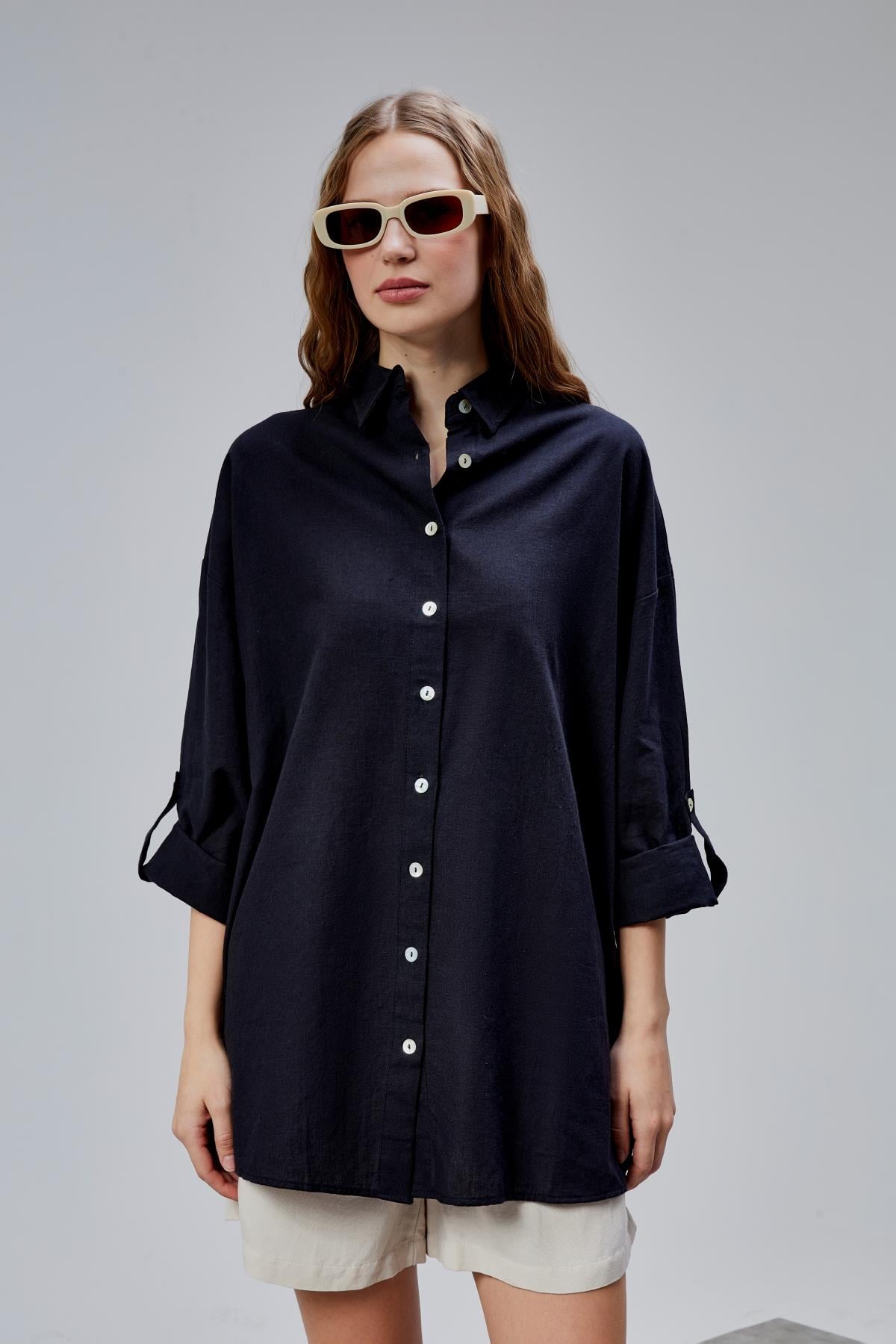 Kadın Apoletli Katlamalı Uzun Kol Oversize Siyah Gömlek