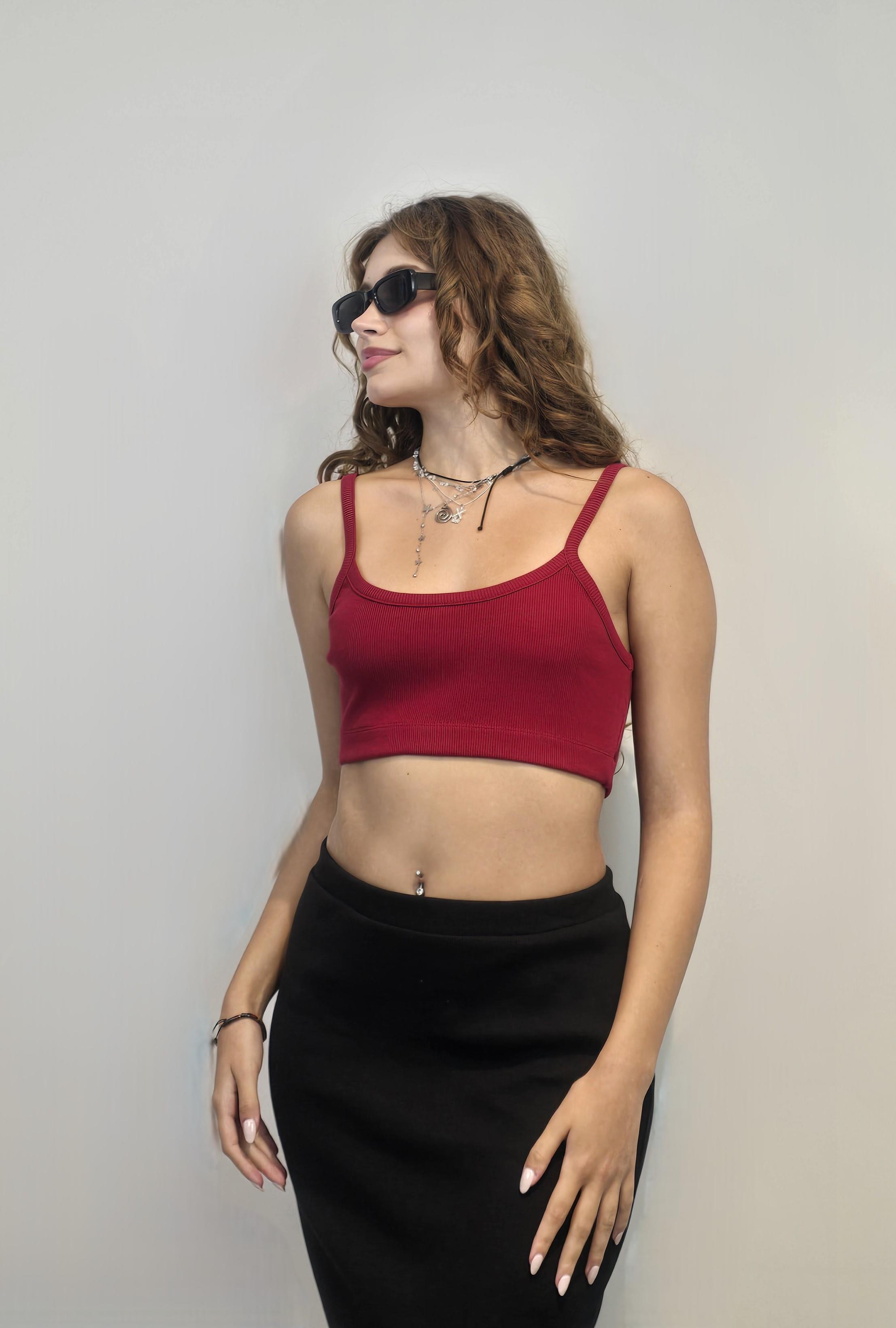 Kadın Askılı Bordo Crop Bluz