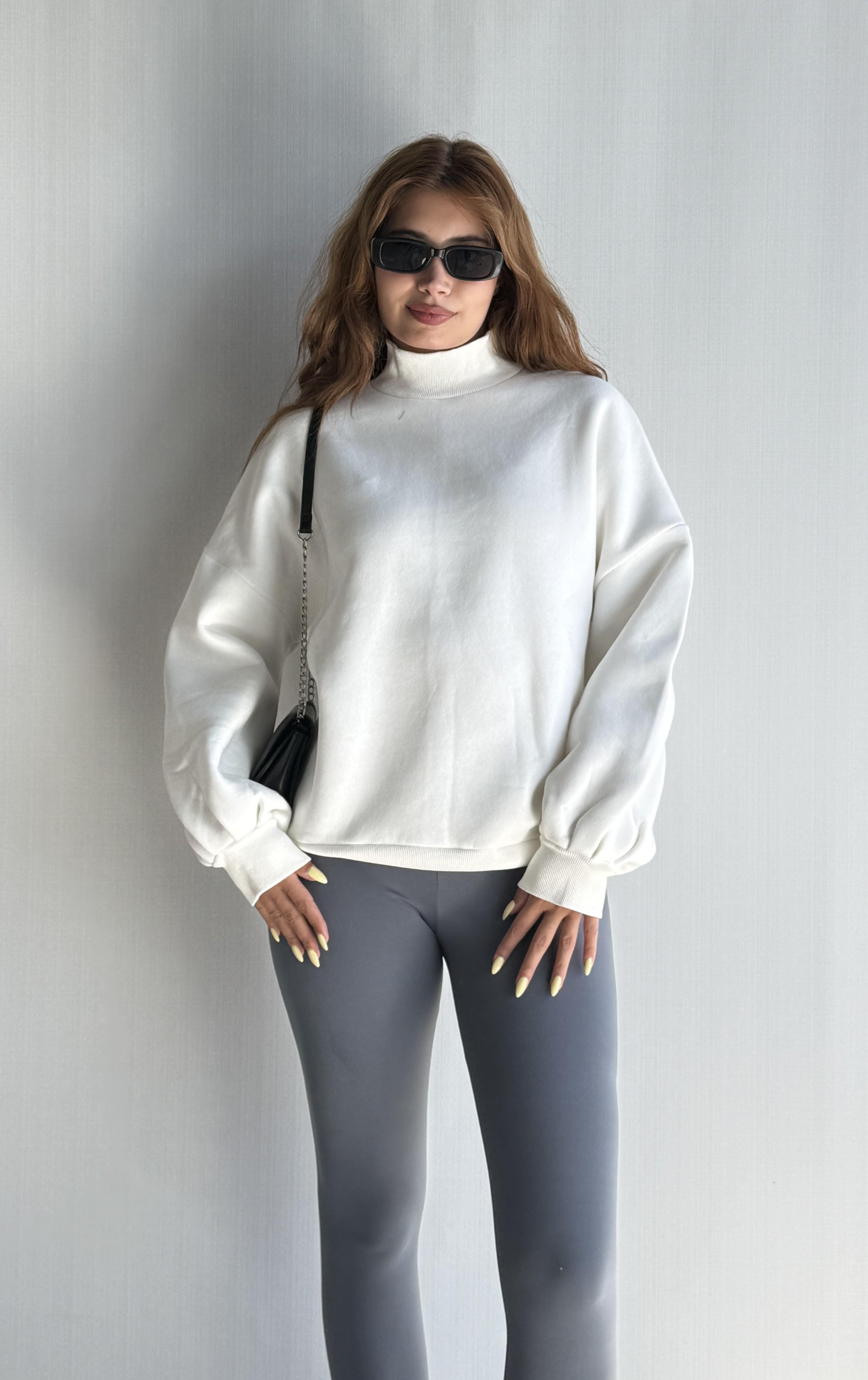 Kadın Balıkçı Yaka Uzun Kollu Basic Sweatshirt - Ekru 