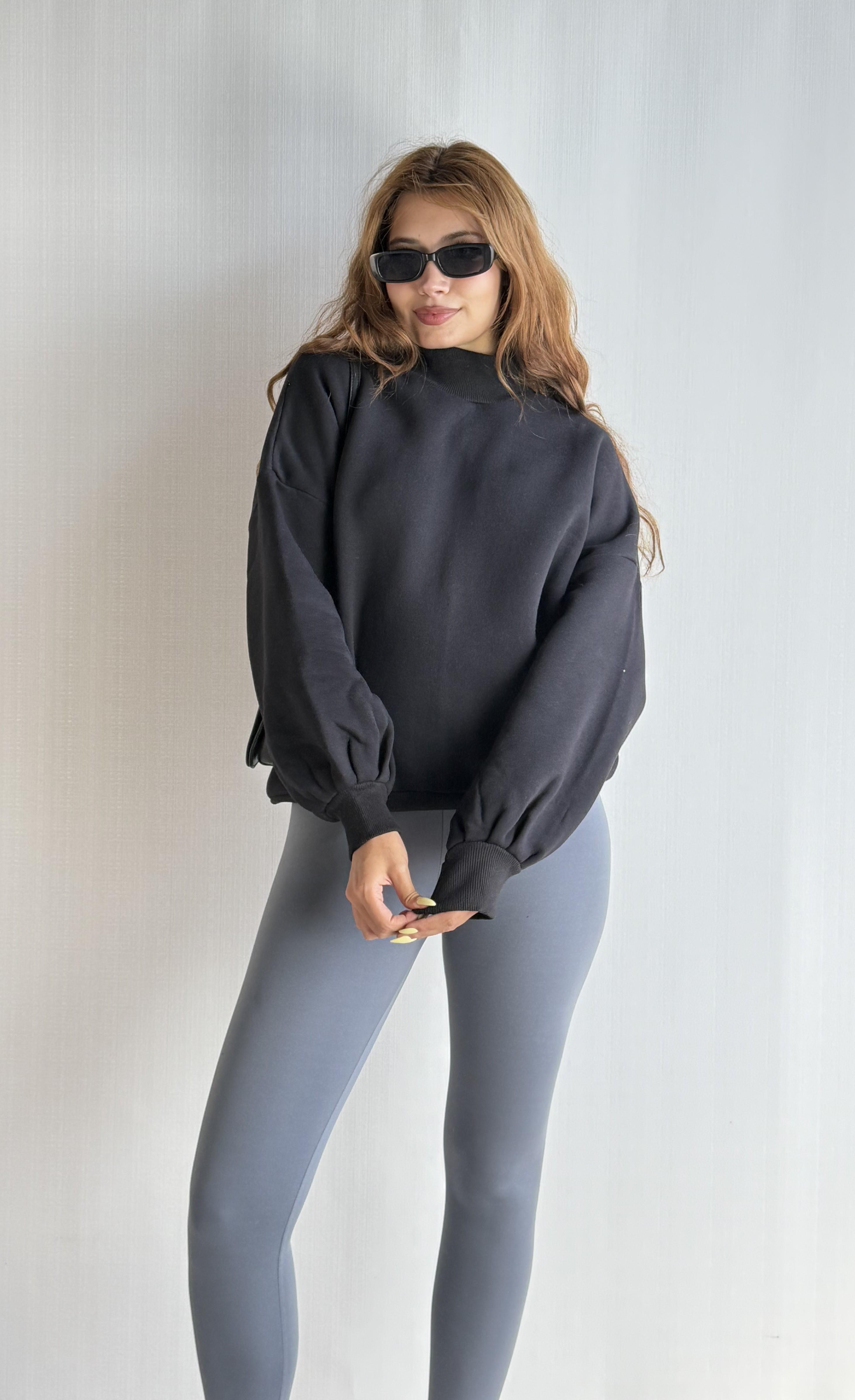 Kadın Balıkçı Yaka Uzun Kollu Basic Sweatshirt - Siyah