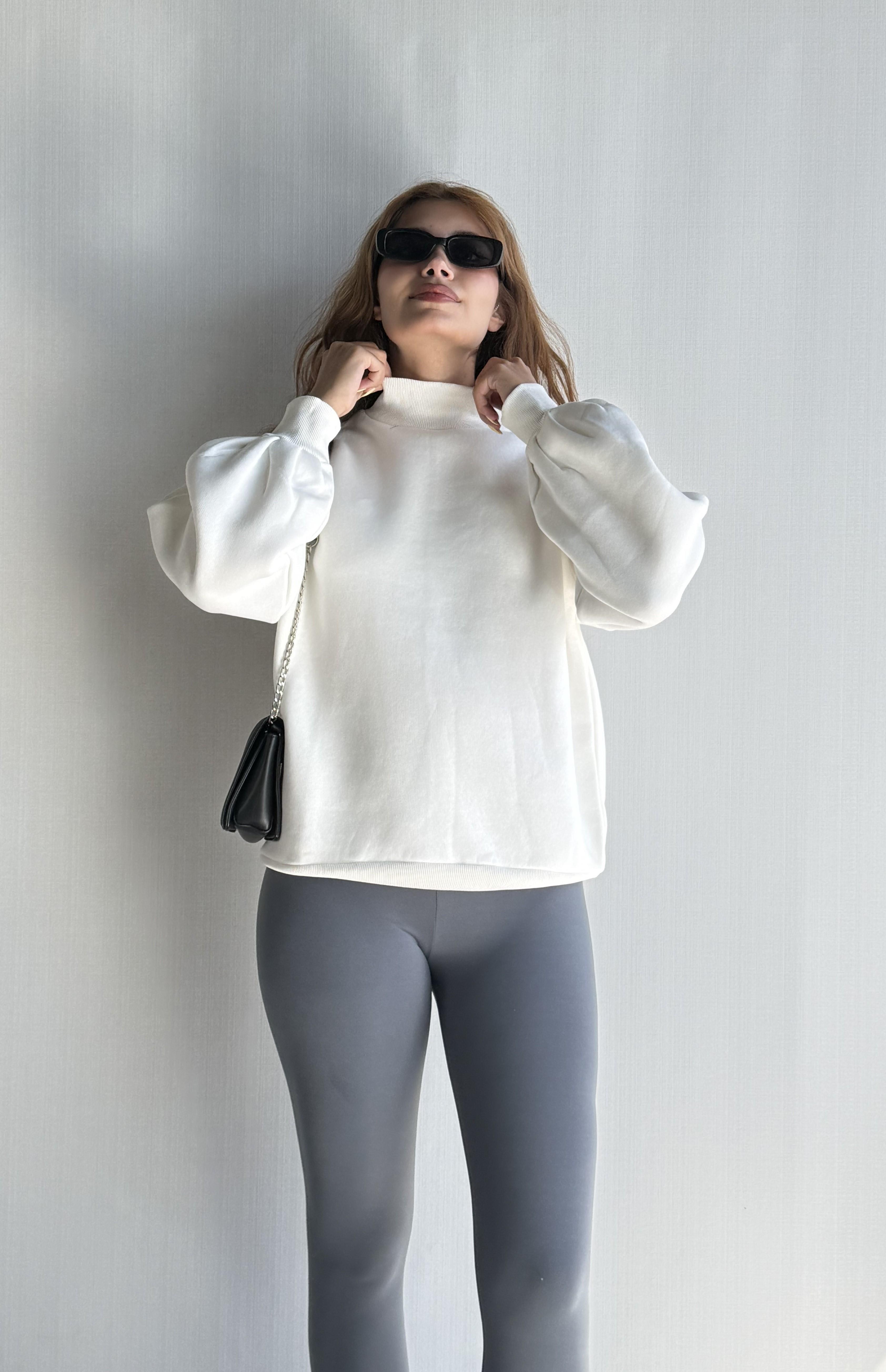 Kadın Balıkçı Yaka Uzun Kollu Basic Sweatshirt - Ekru 