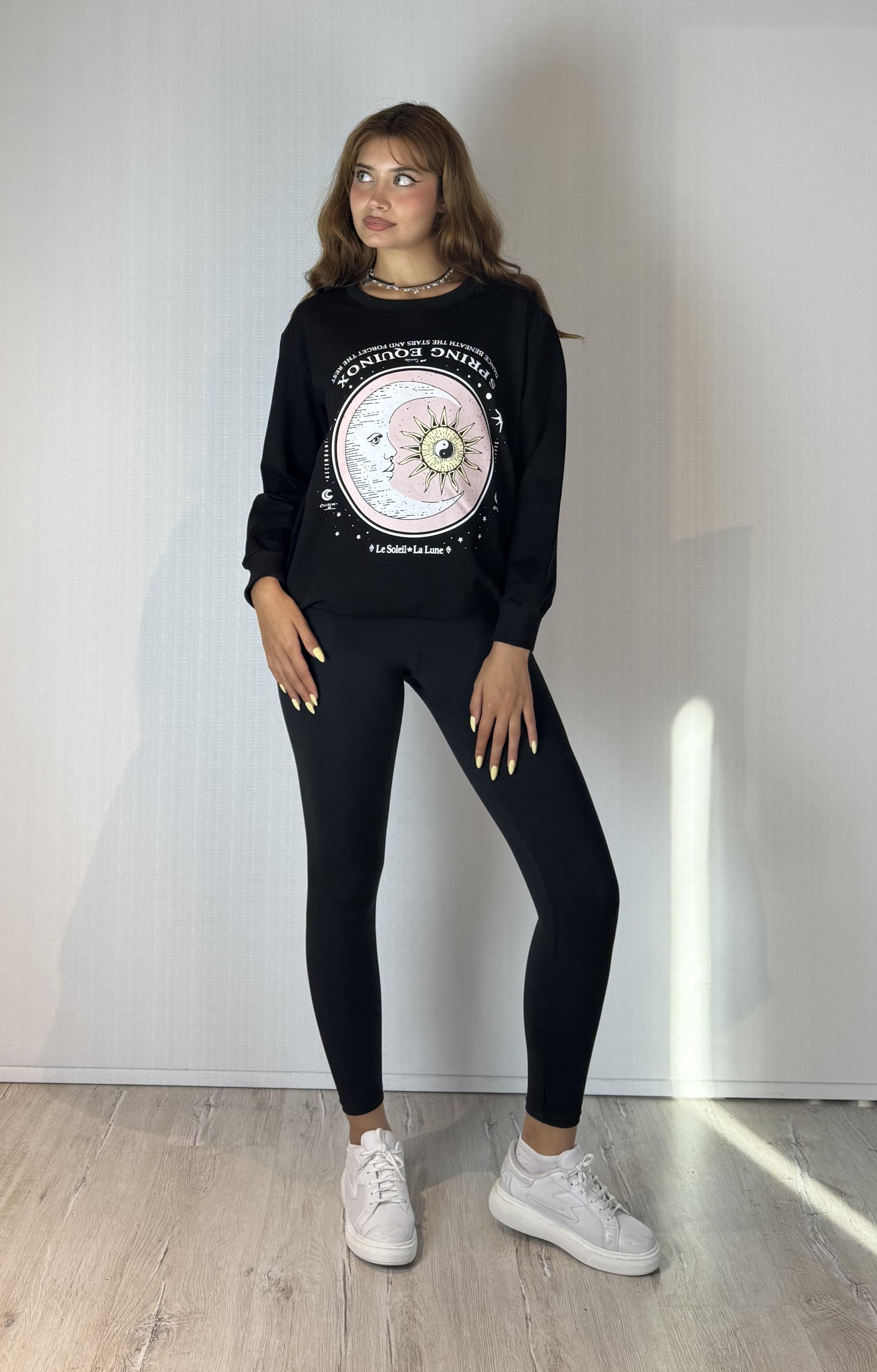 Kadın Bisiklet Yaka Baskı Detaylı Sweatshirt - Siyah 