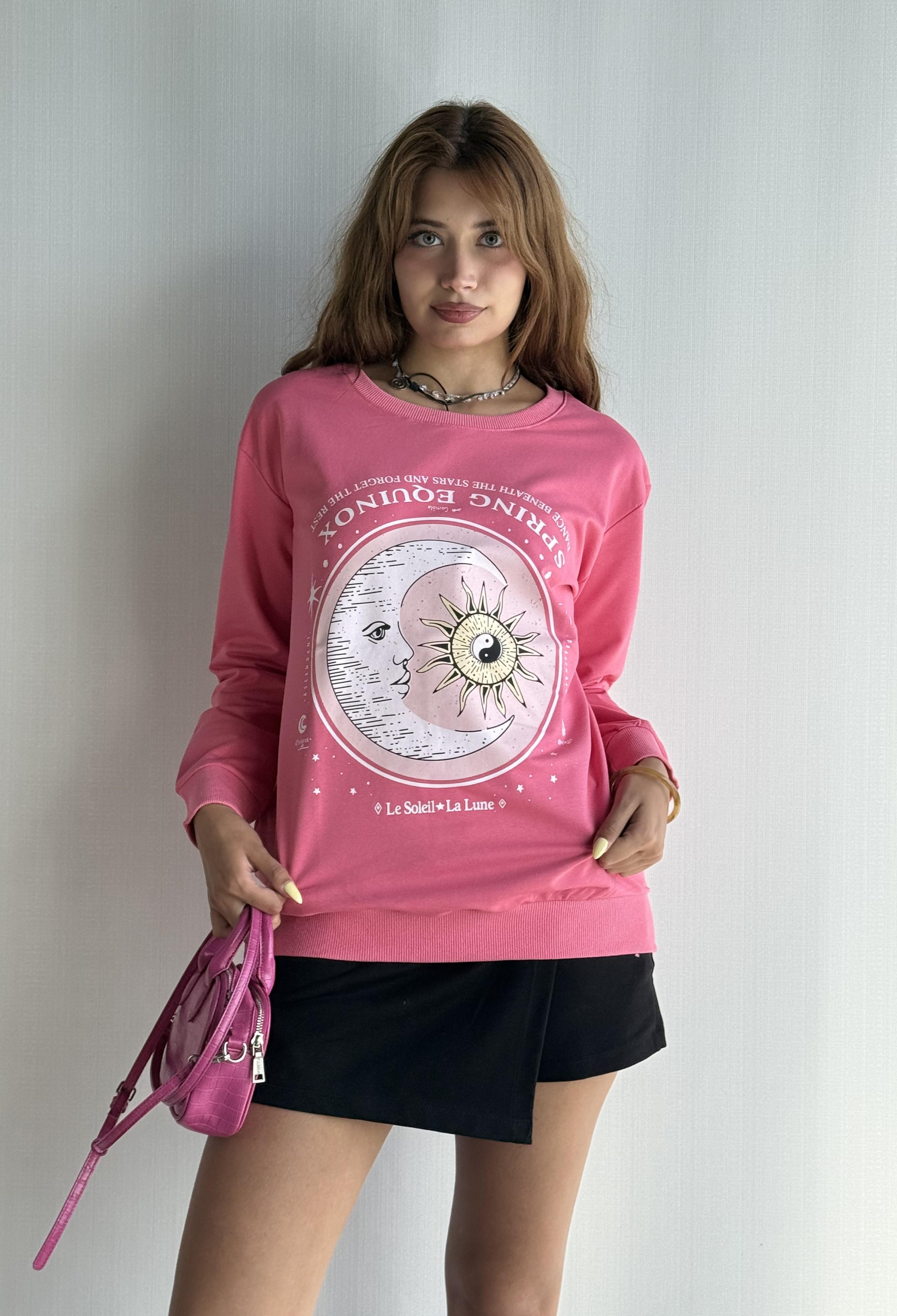 Kadın Bisiklet Yaka Baskı Detaylı Sweatshirt - Pembe