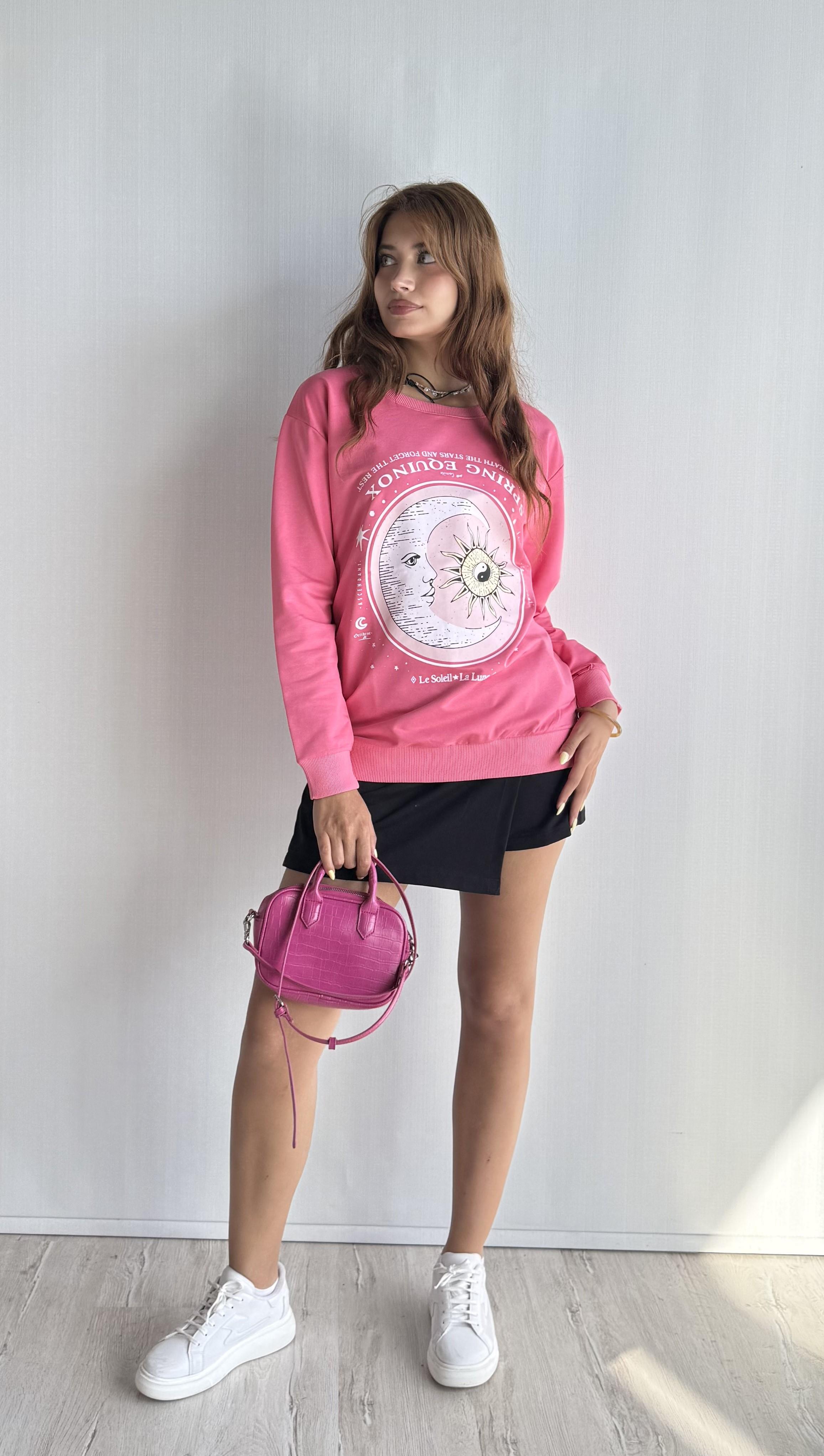 Kadın Bisiklet Yaka Baskı Detaylı Sweatshirt - Pembe