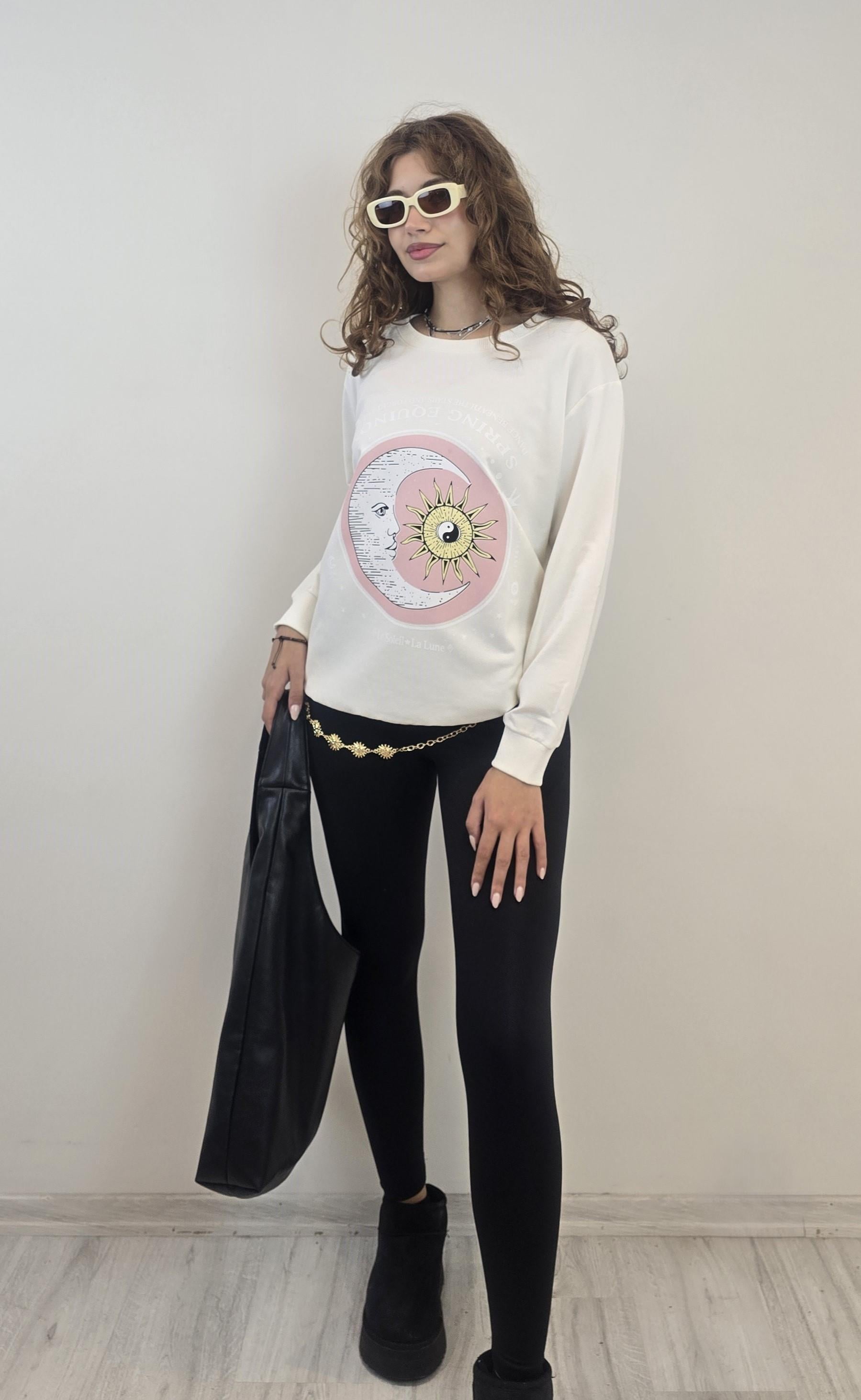 Kadın Bisiklet Yaka Baskı Detaylı Sweatshirt - Ekru