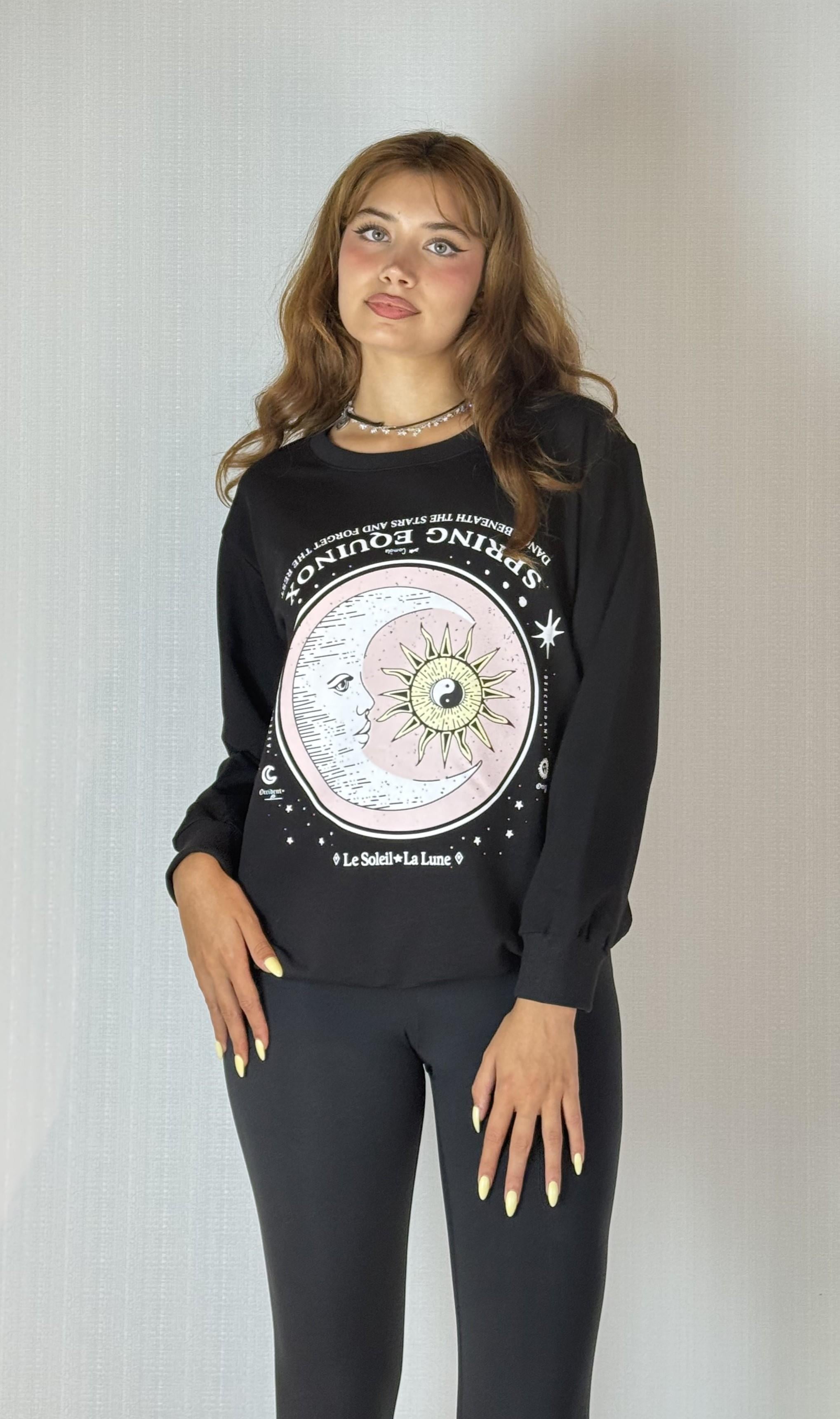 Kadın Bisiklet Yaka Baskı Detaylı Sweatshirt - Siyah 