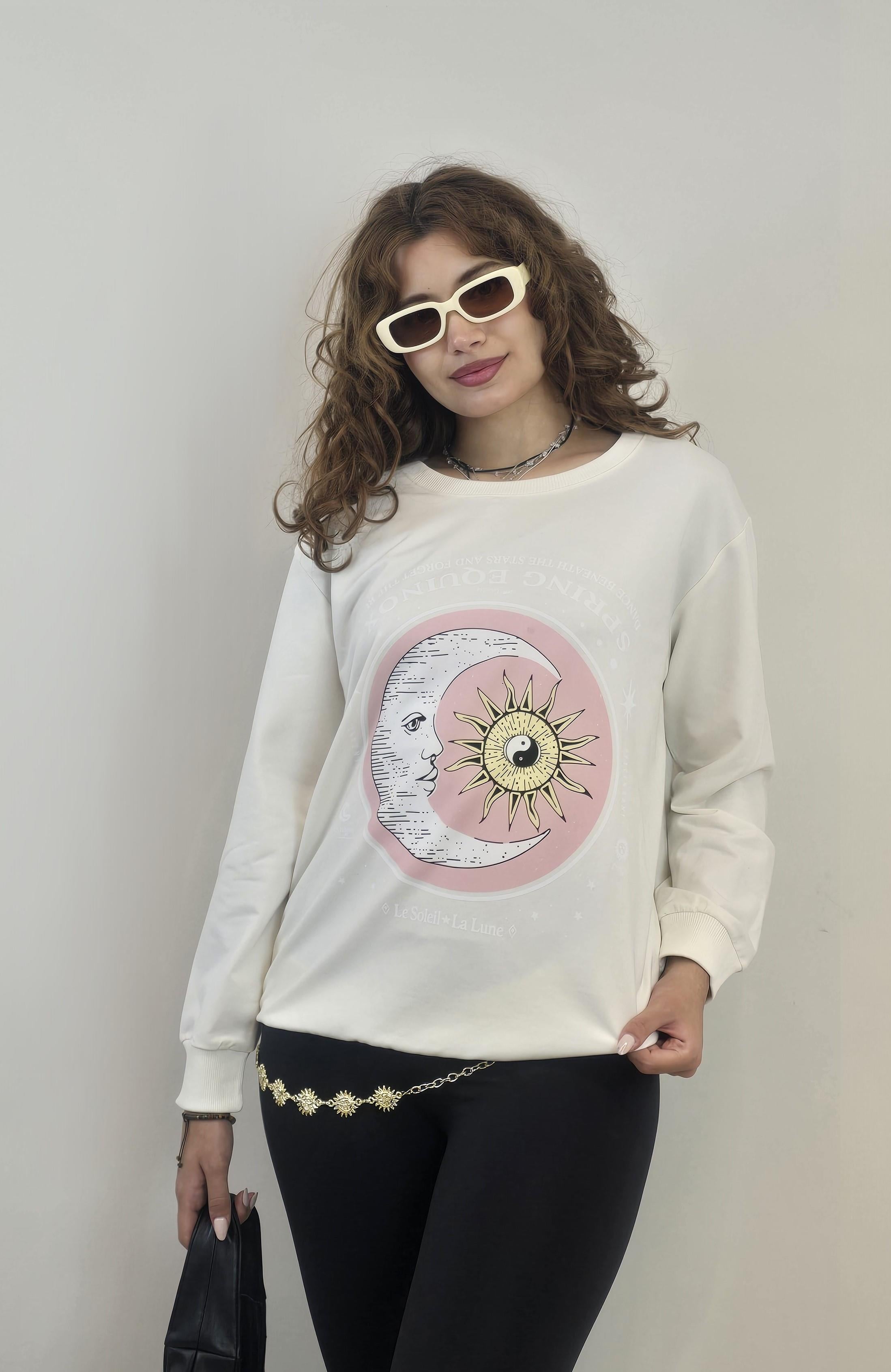 Kadın Bisiklet Yaka Baskı Detaylı Sweatshirt - Ekru