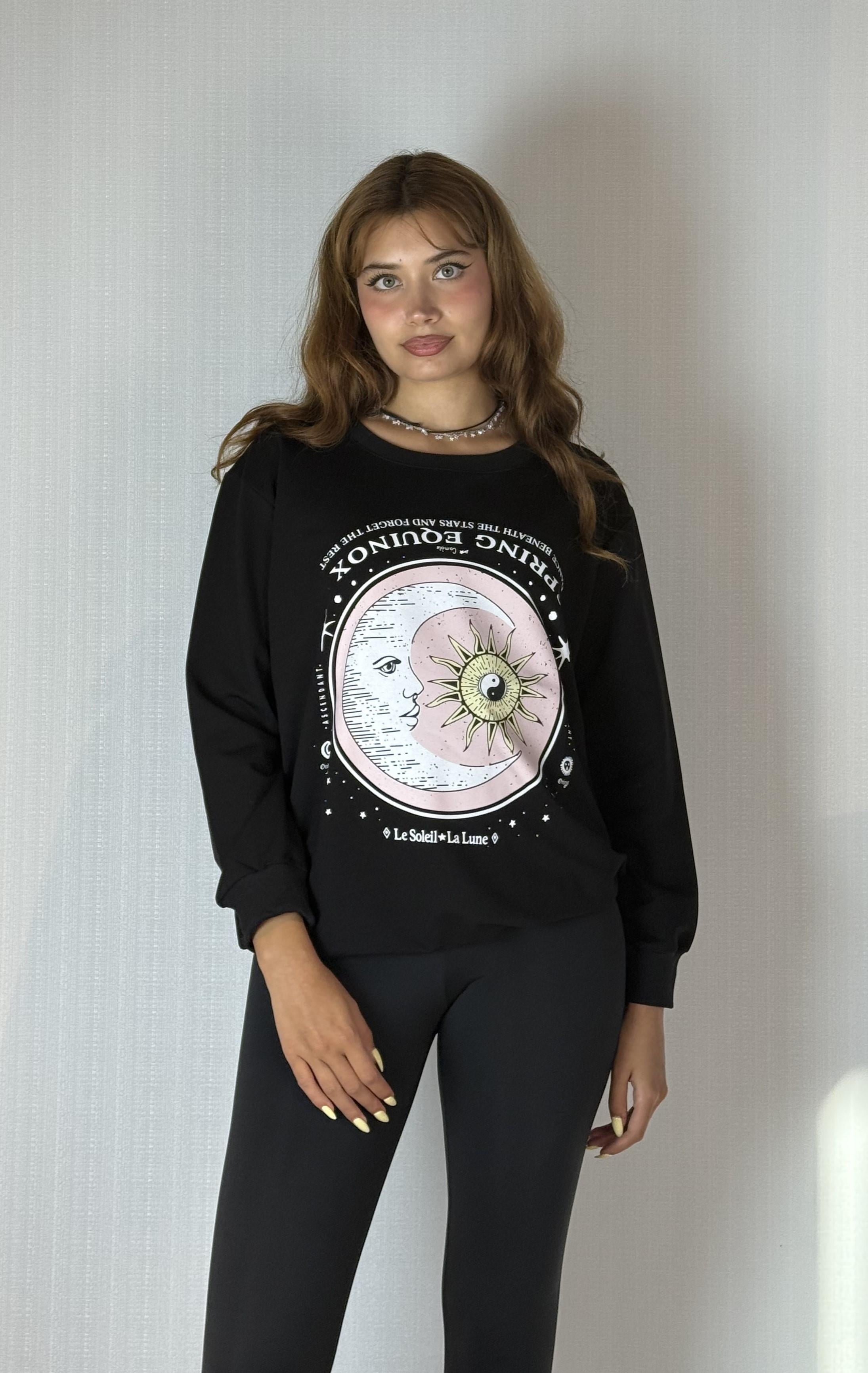 Kadın Bisiklet Yaka Baskı Detaylı Sweatshirt - Siyah 