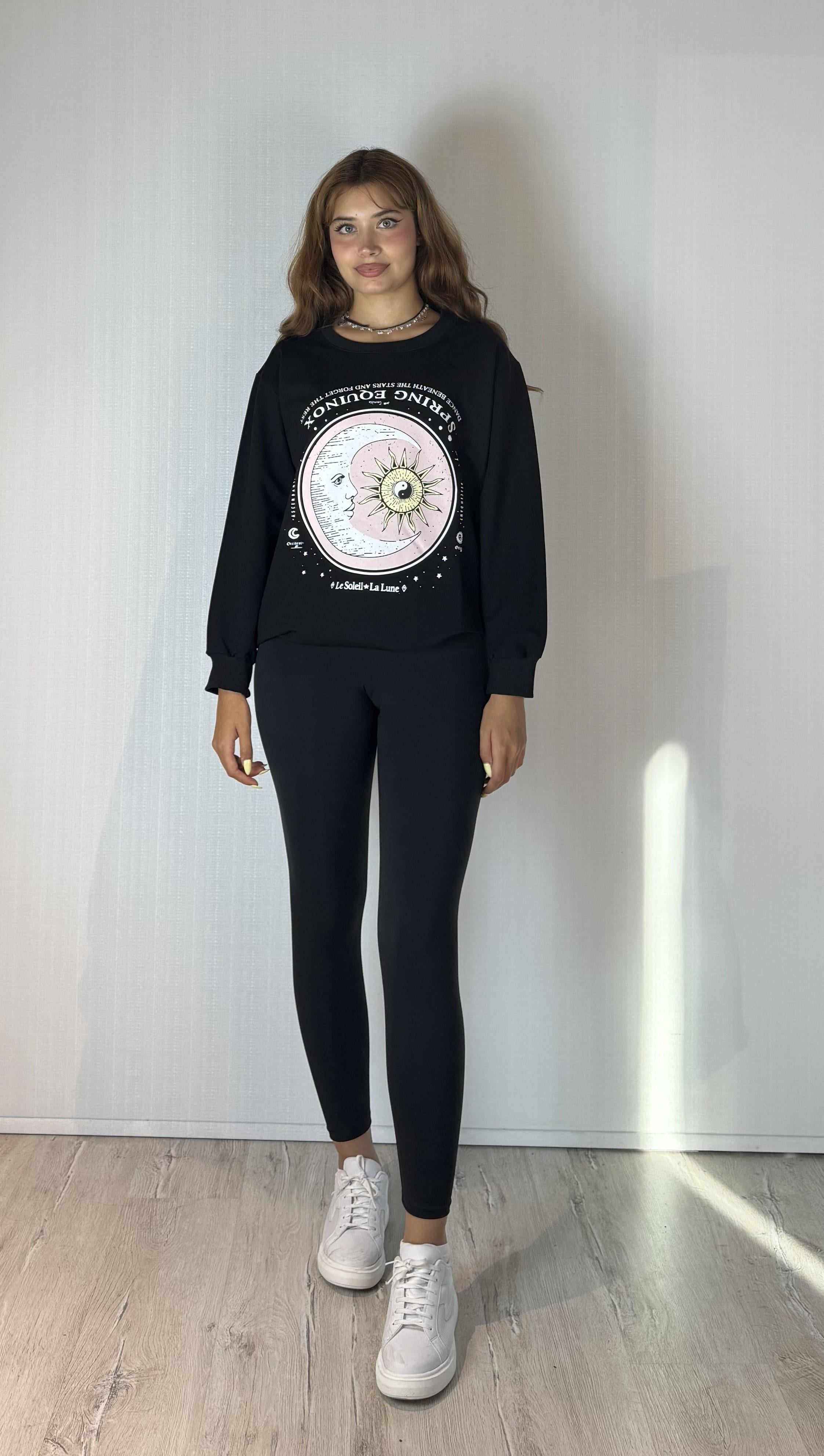 Kadın Bisiklet Yaka Baskı Detaylı Sweatshirt - Siyah 