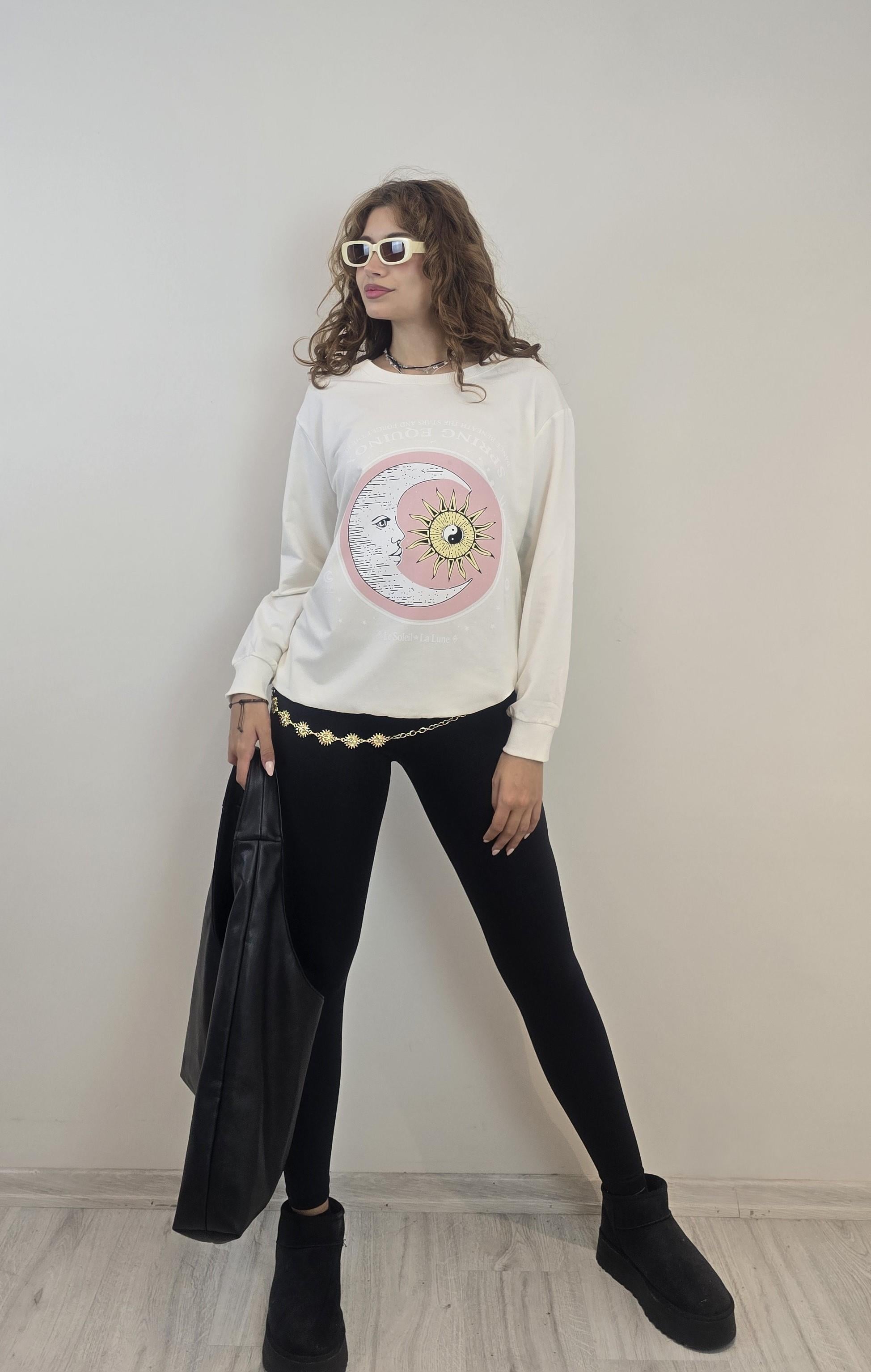 Kadın Bisiklet Yaka Baskı Detaylı Sweatshirt - Ekru
