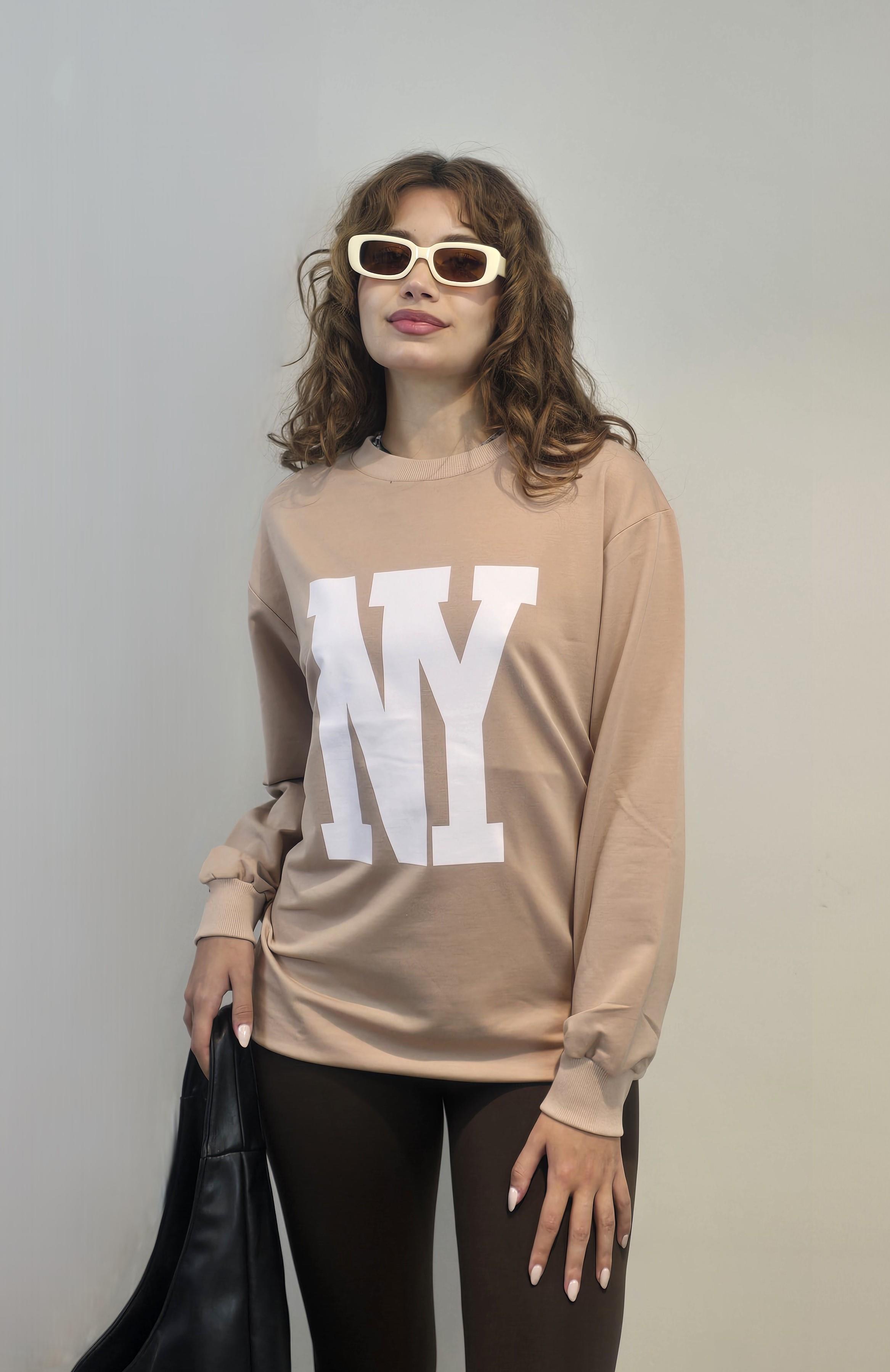 Kadın Bisiklet Yaka Baskılı Uzun Kollu Oversize Bej Sweatshirt