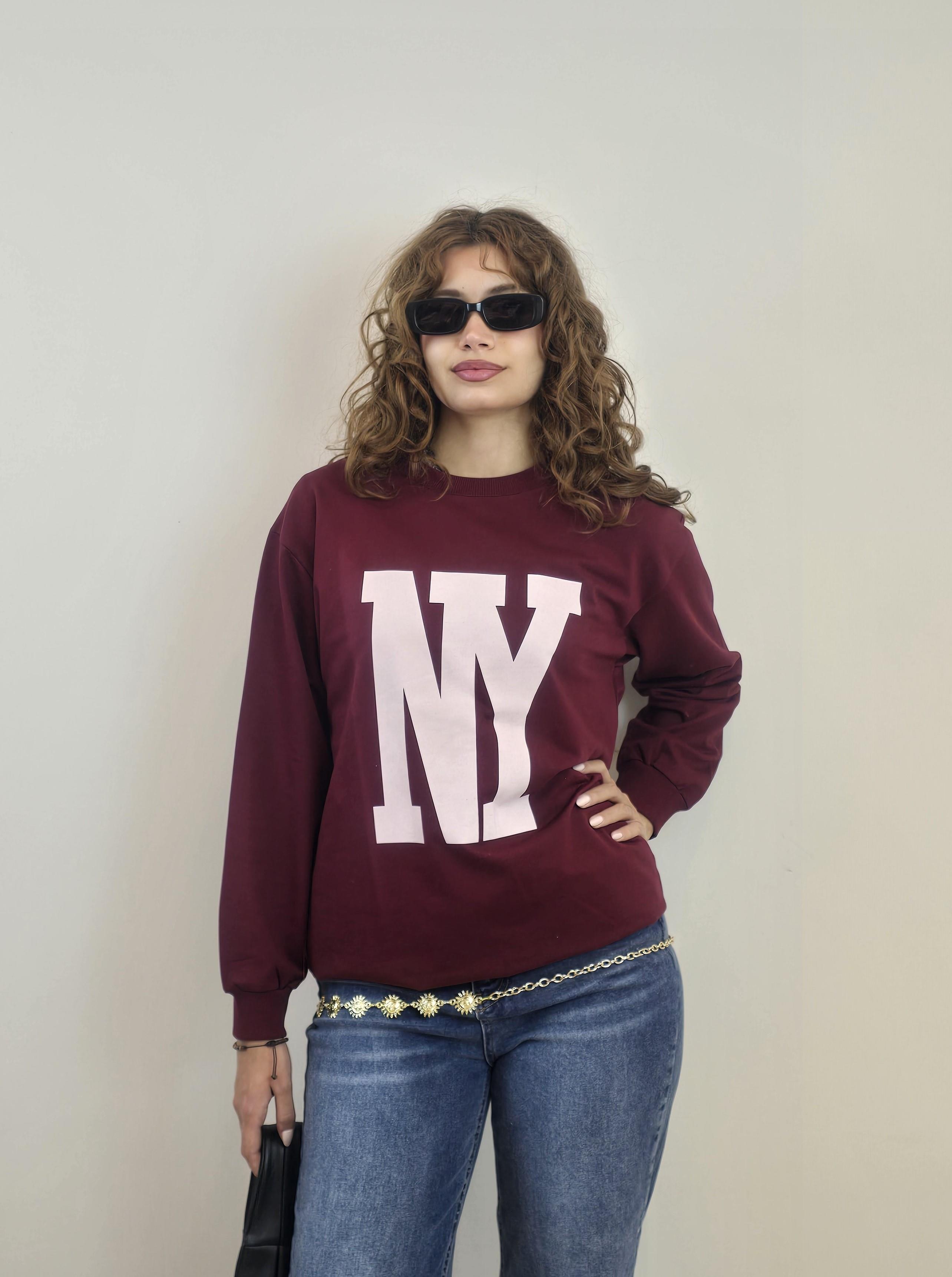 Kadın Bisiklet Yaka Baskılı Uzun Kollu Oversize Bordo Sweatshirt