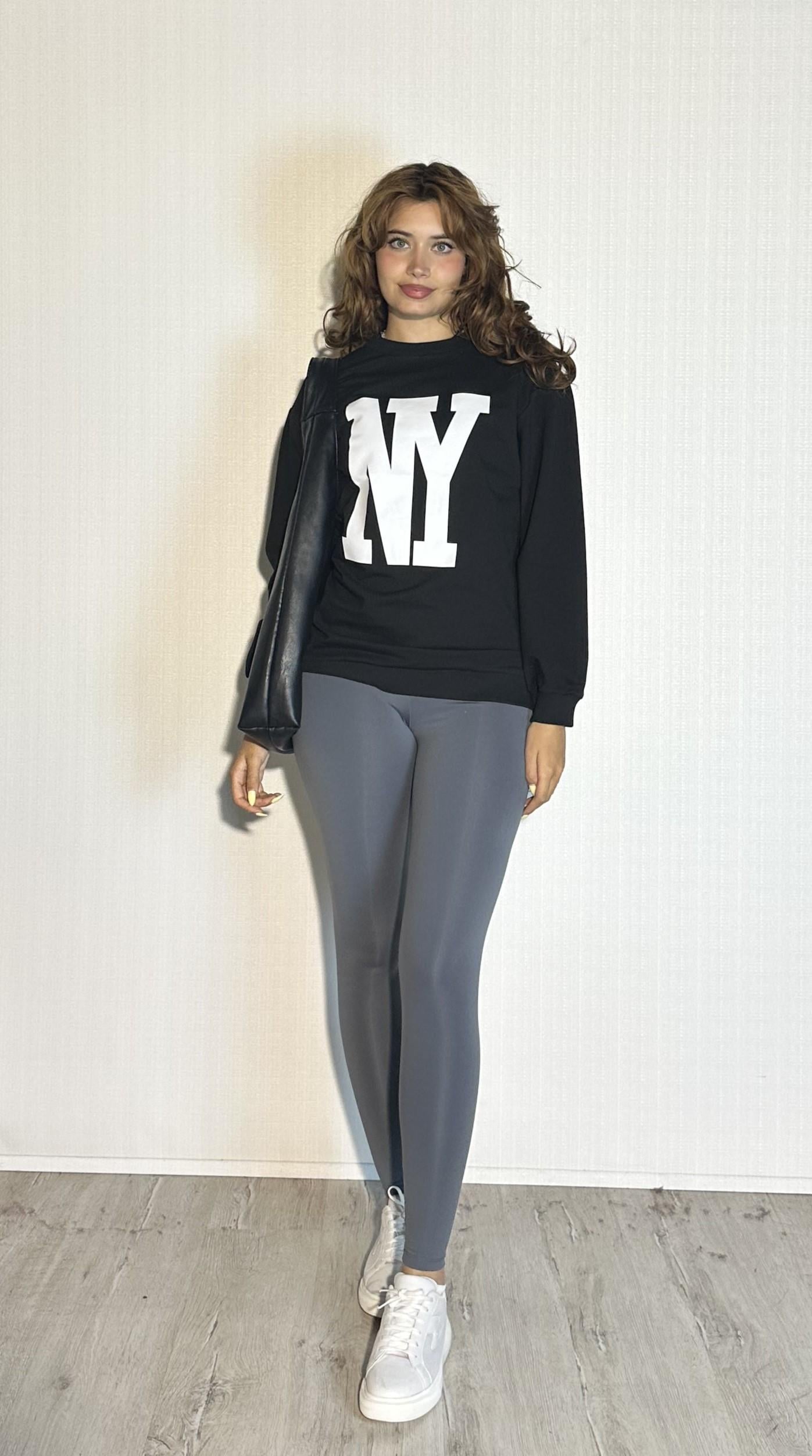 Kadın Bisiklet Yaka Baskılı Uzun Kollu Oversize Siyah Sweatshirt