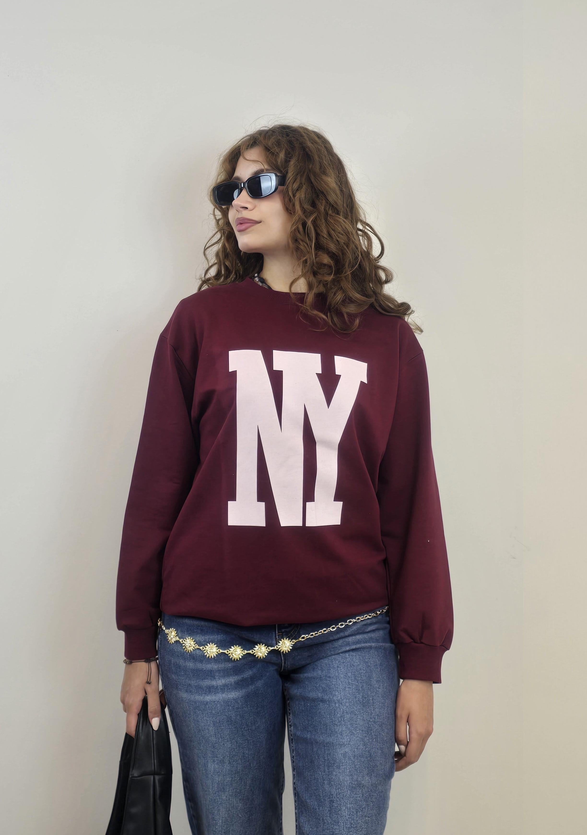 Kadın Bisiklet Yaka Baskılı Uzun Kollu Oversize Bordo Sweatshirt