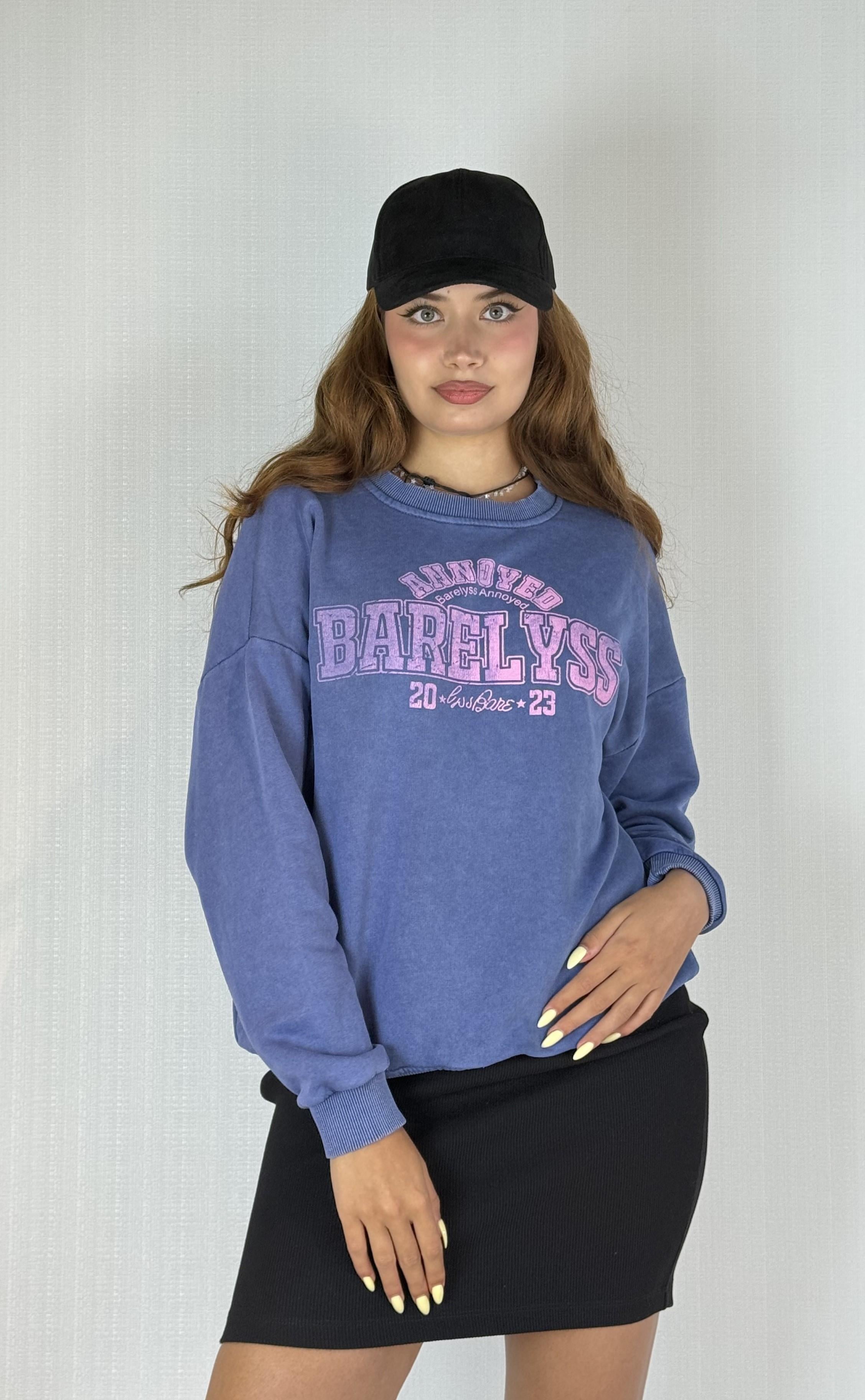 Kadın Bisiklet Yaka Baskılı Uzun Kollu Oversize Sweatshirt 
