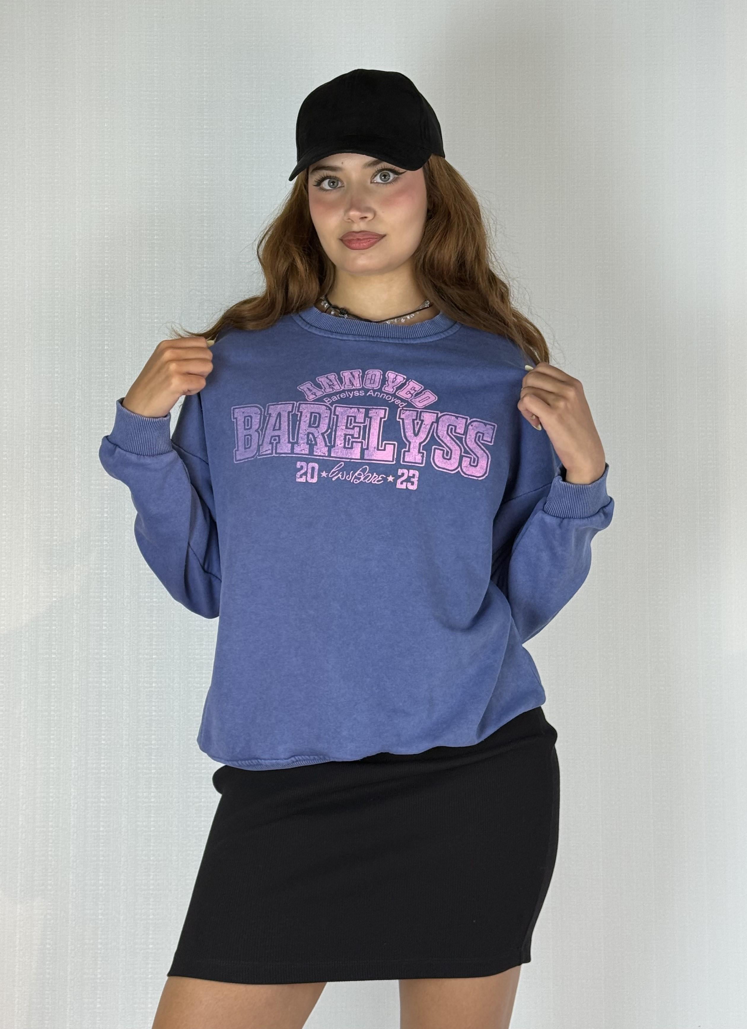 Kadın Bisiklet Yaka Baskılı Uzun Kollu Oversize Sweatshirt 