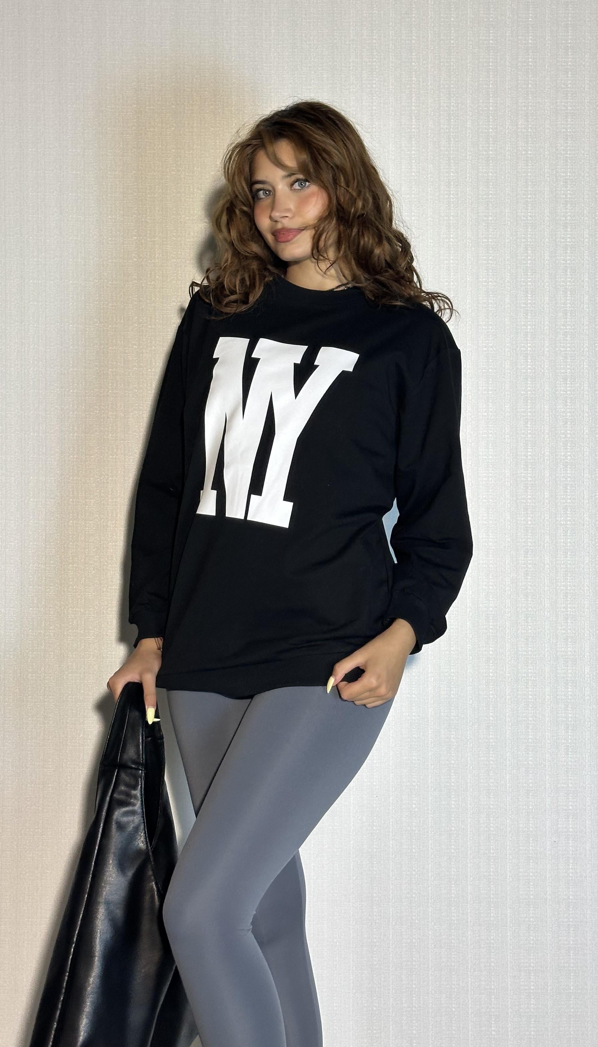 Kadın Bisiklet Yaka Baskılı Uzun Kollu Oversize Siyah Sweatshirt
