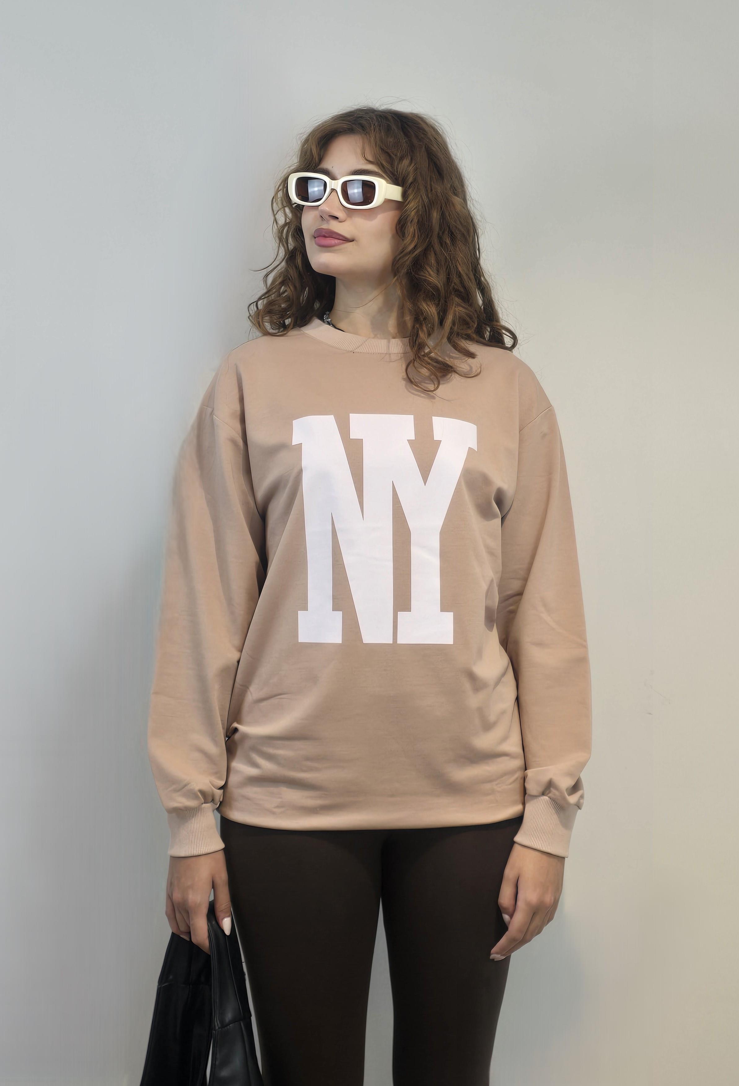 Kadın Bisiklet Yaka Baskılı Uzun Kollu Oversize Bej Sweatshirt