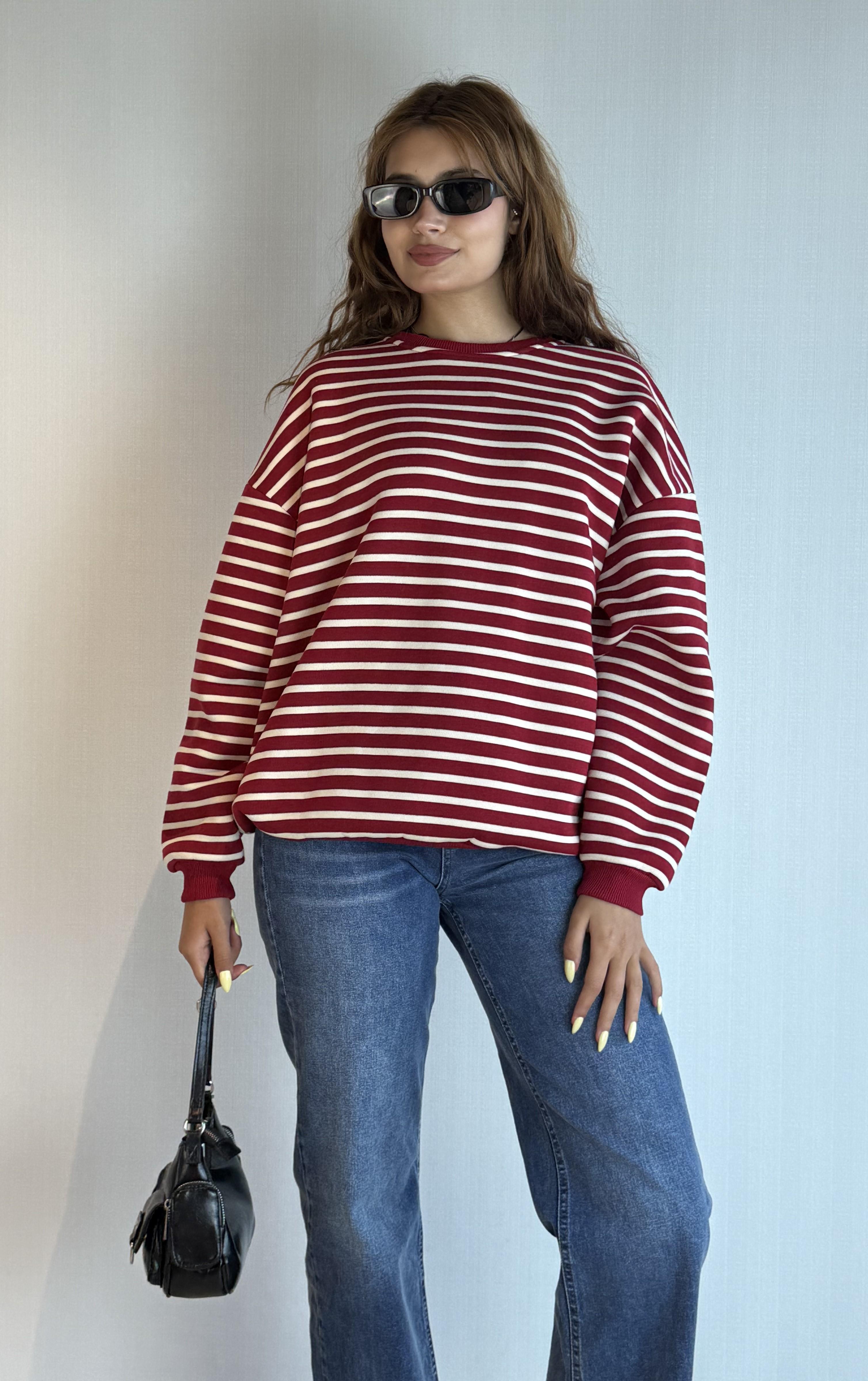 Kadın Bisiklet Yaka Çizgili Uzun Kol Oversize Sweatshirt 