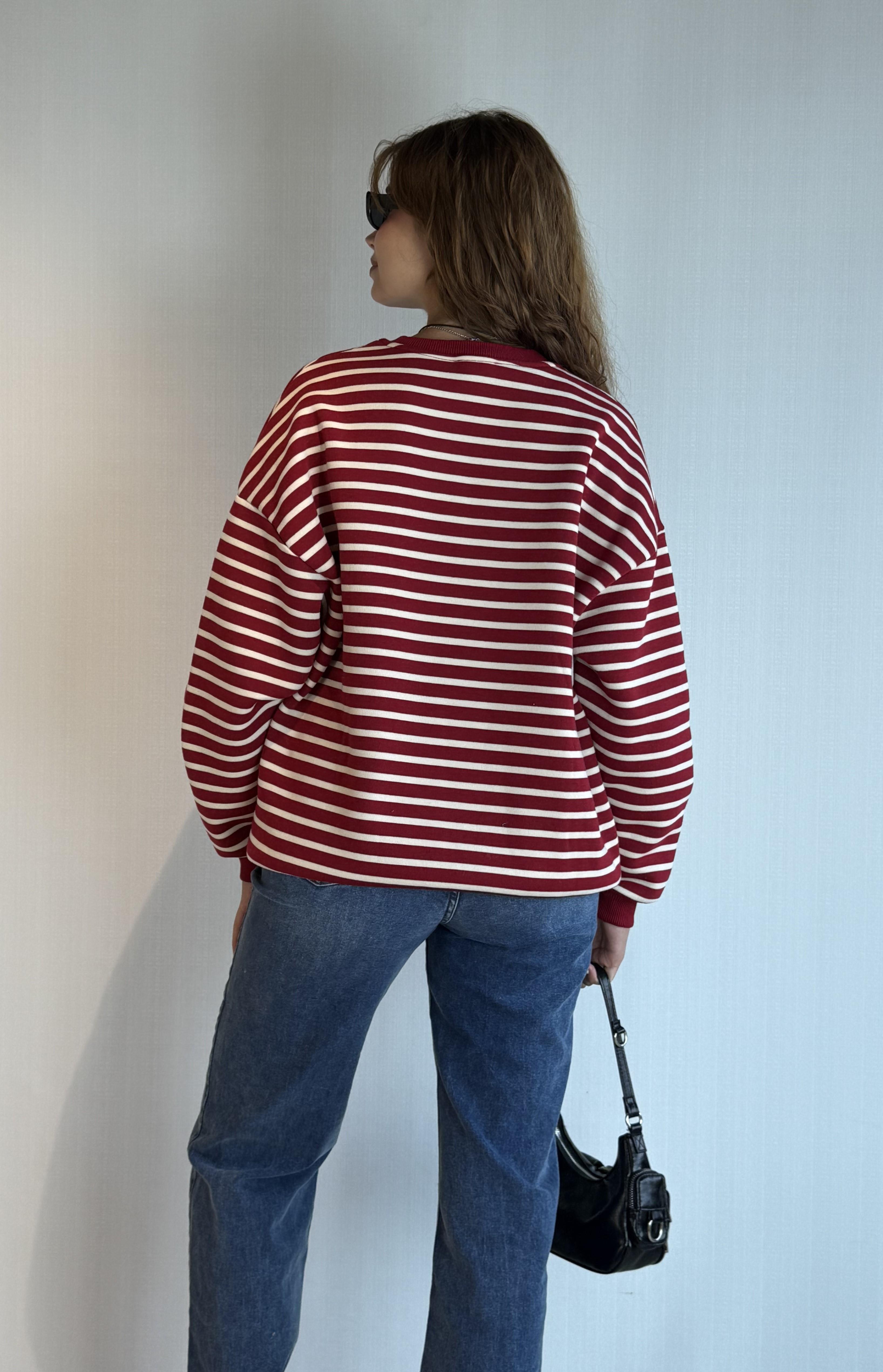 Kadın Bisiklet Yaka Çizgili Uzun Kol Oversize Sweatshirt 