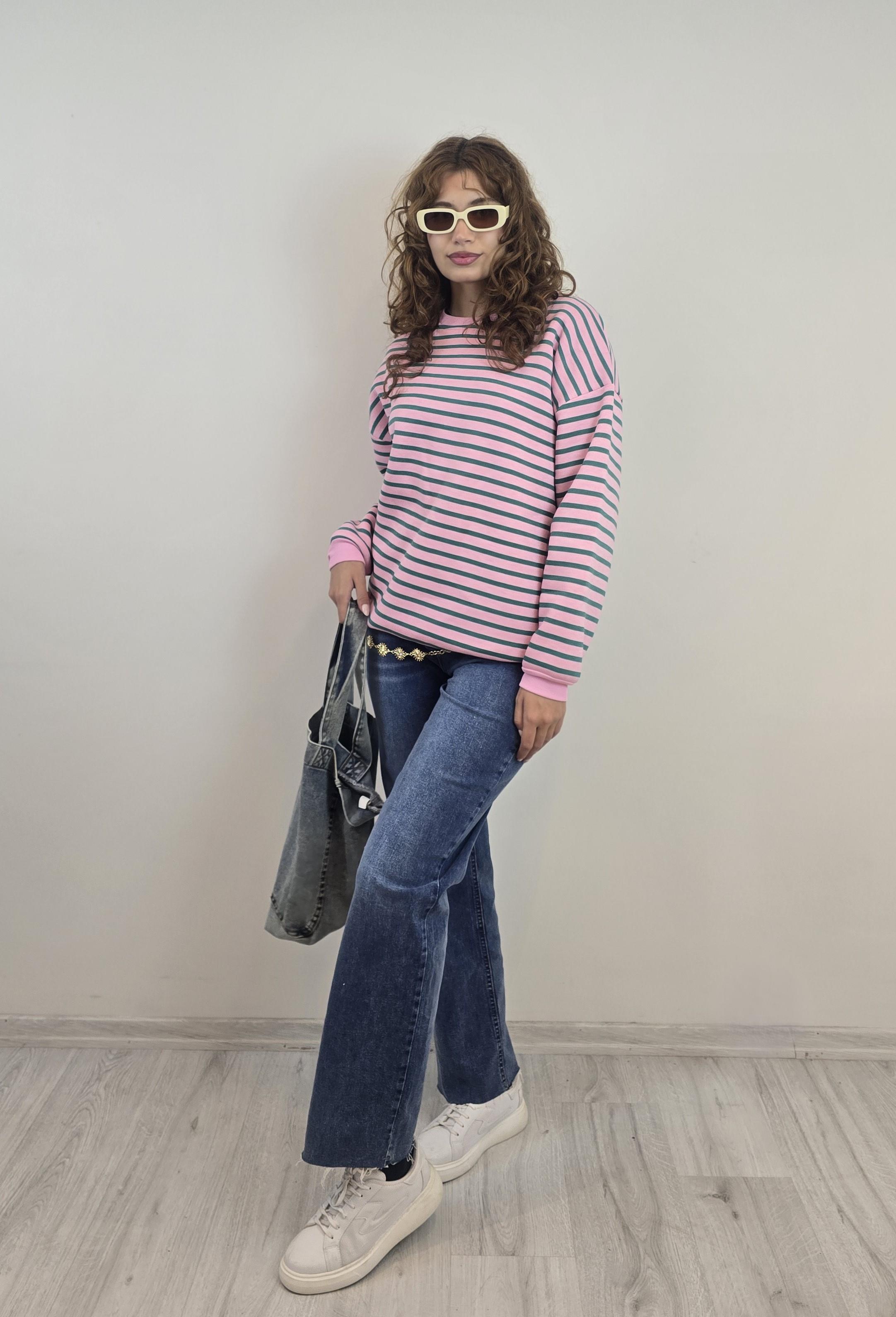 Kadın Bisiklet Yaka Çizgili Uzun Kol Oversize Sweatshirt 