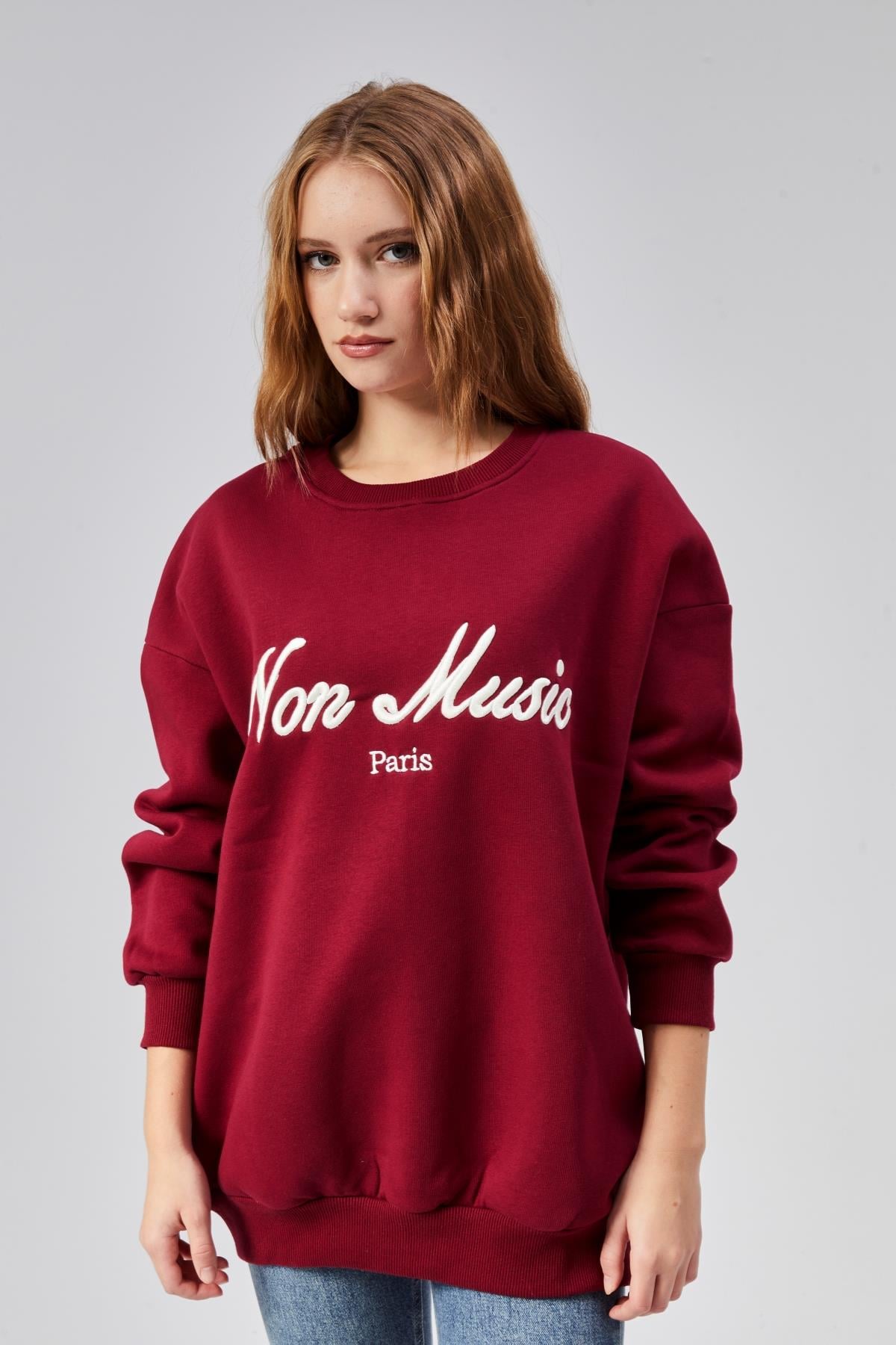 Kadın Bisiklet Yaka Nakış Baskılı Uzun Kollu Oversize Kırmızı Sweatshirt