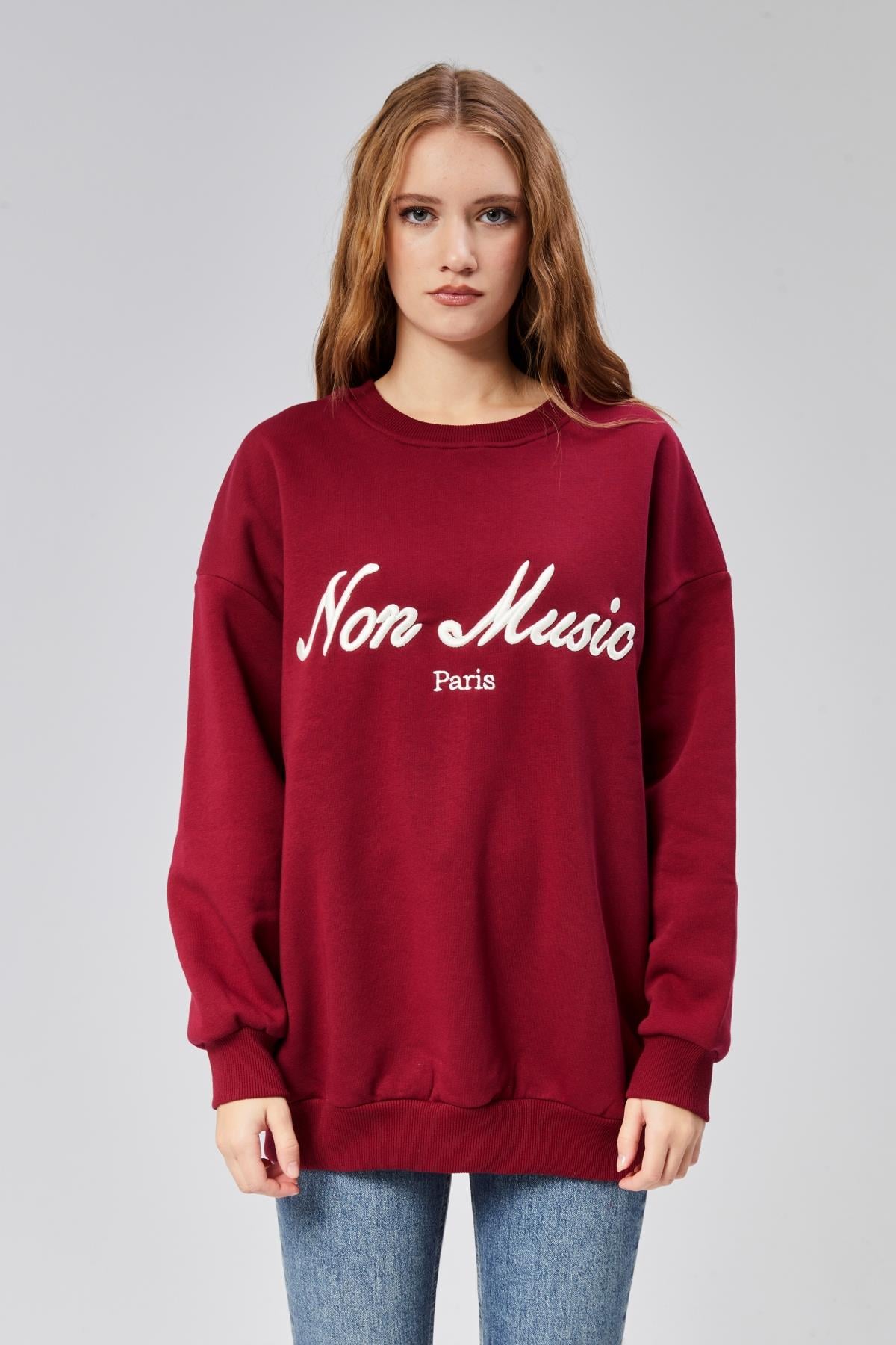 Kadın Bisiklet Yaka Nakış Baskılı Uzun Kollu Oversize Kırmızı Sweatshirt