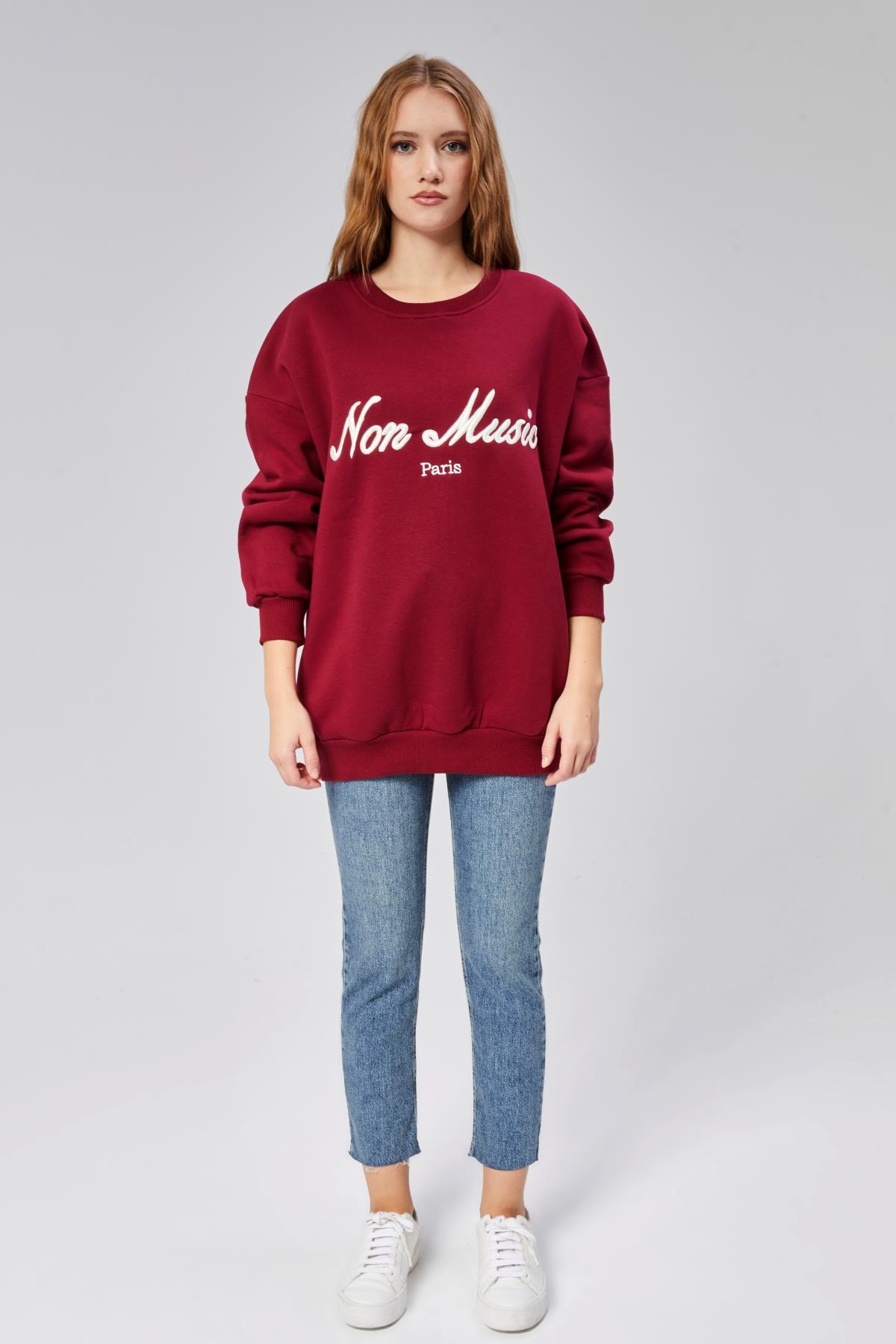 Kadın Bisiklet Yaka Nakış Baskılı Uzun Kollu Oversize Kırmızı Sweatshirt