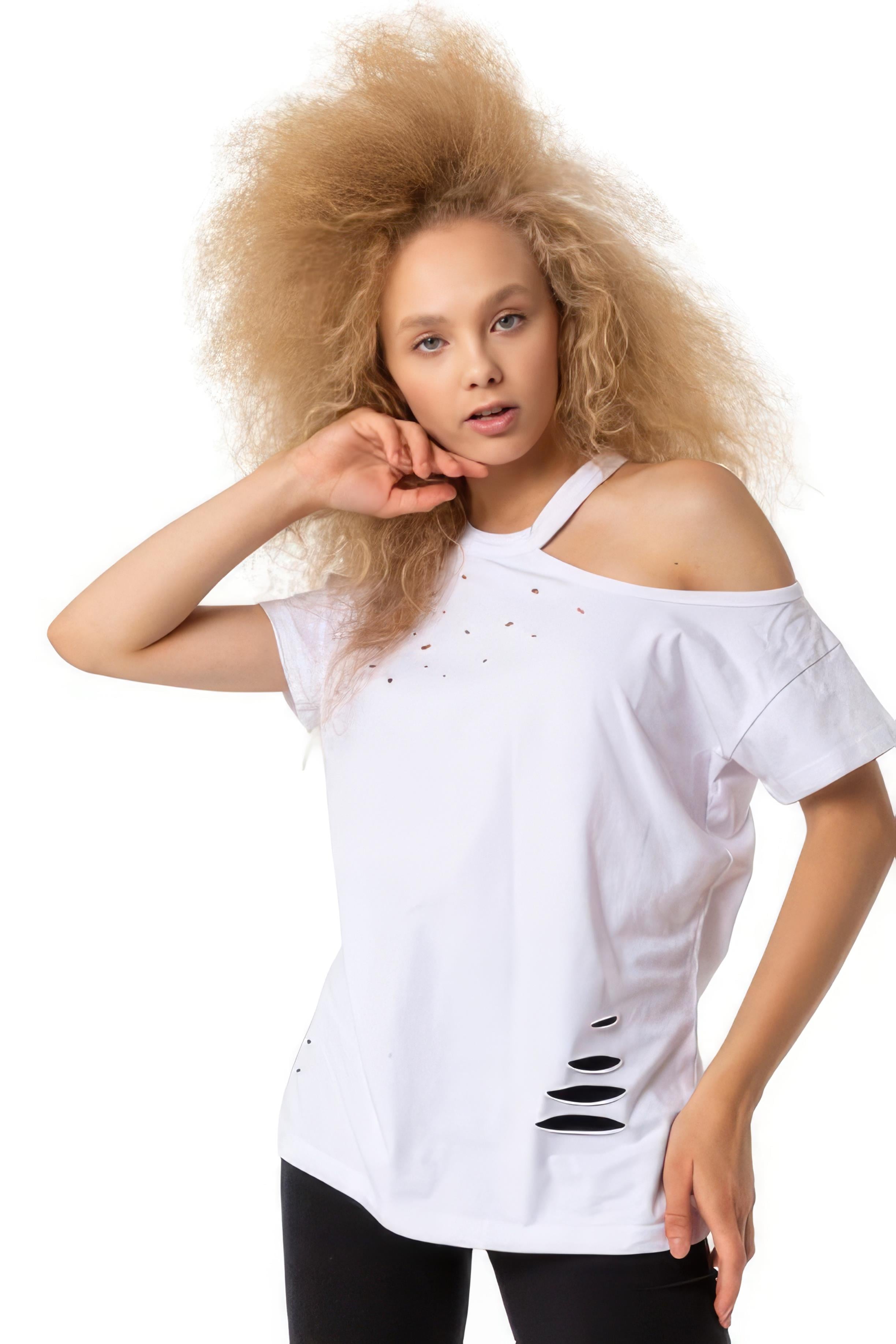 Kadın Bisiklet Yaka Omuz Dekolteli Yırtık Detaylı Basic Beyaz Tişört