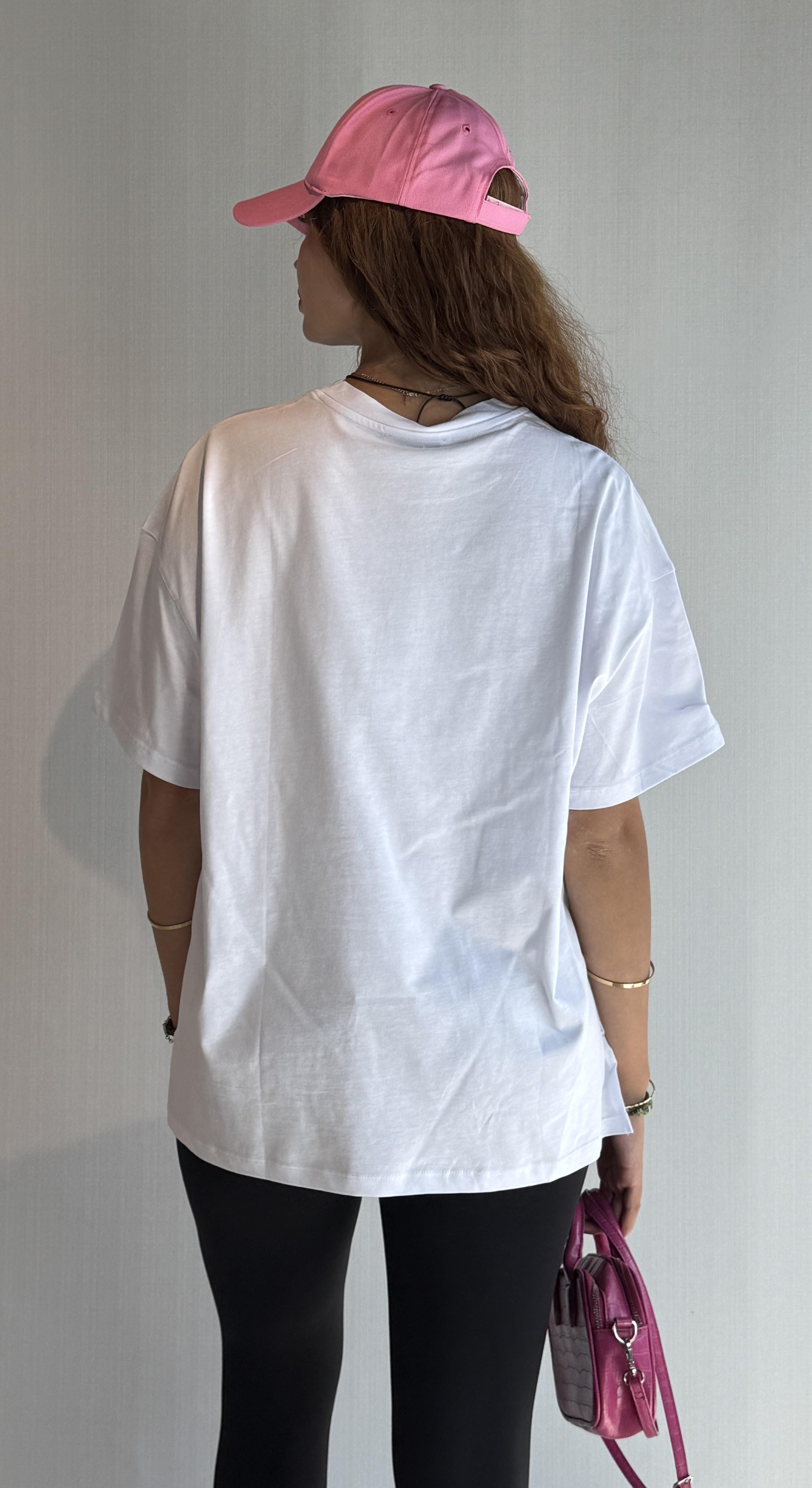 Kadın Bisiklet Yaka Pamuklu Oversize Düz Basic Beyaz Tişört