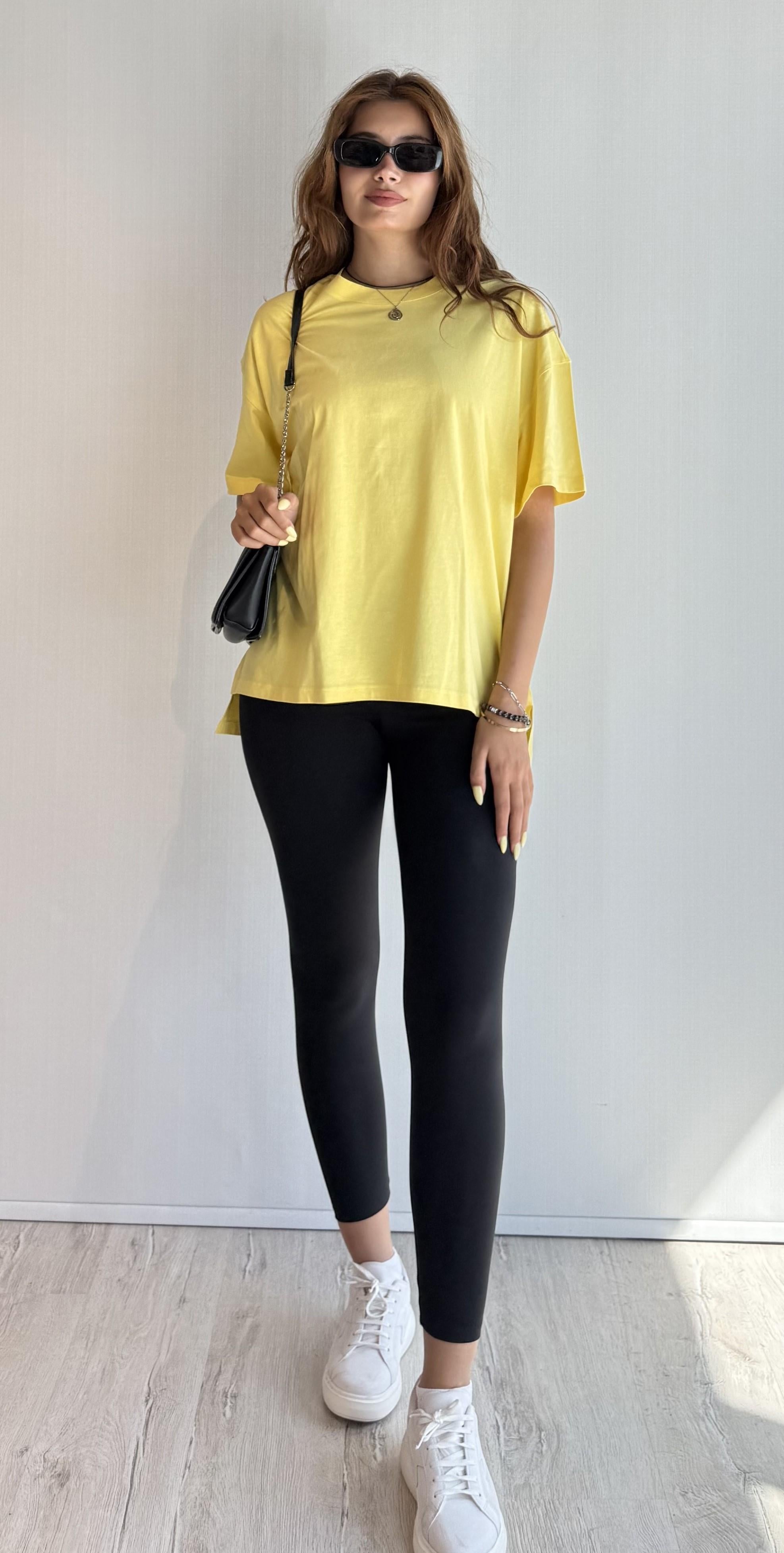 Kadın Bisiklet Yaka Pamuklu Oversize Düz Basic Sarı Tişört 